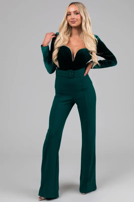 Forest Green Velvet Rhinestone Trim Jumpsuit sold by Lime Lush