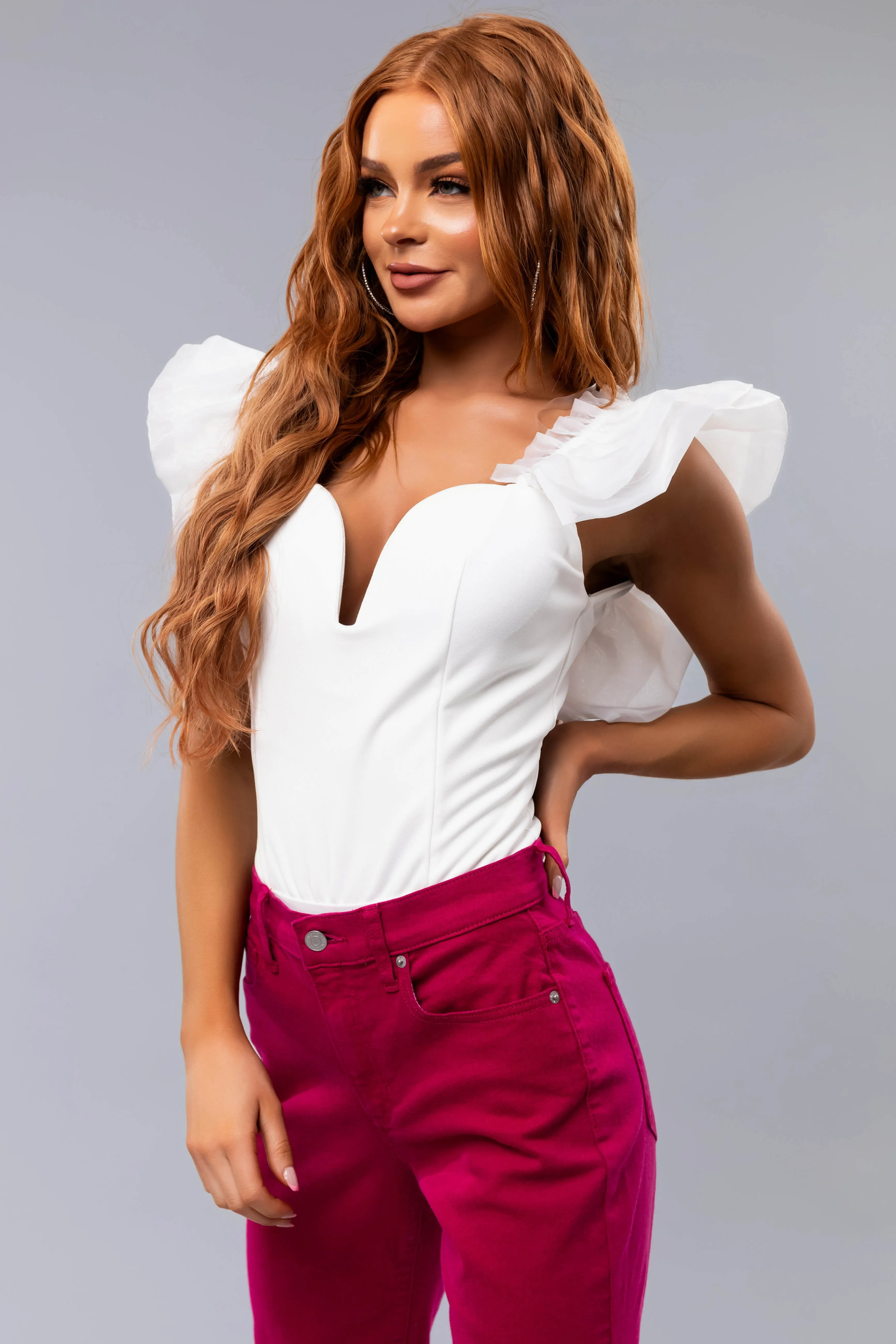 White Short Ruffle Sleeve Bodysuit sold by Lime Lush