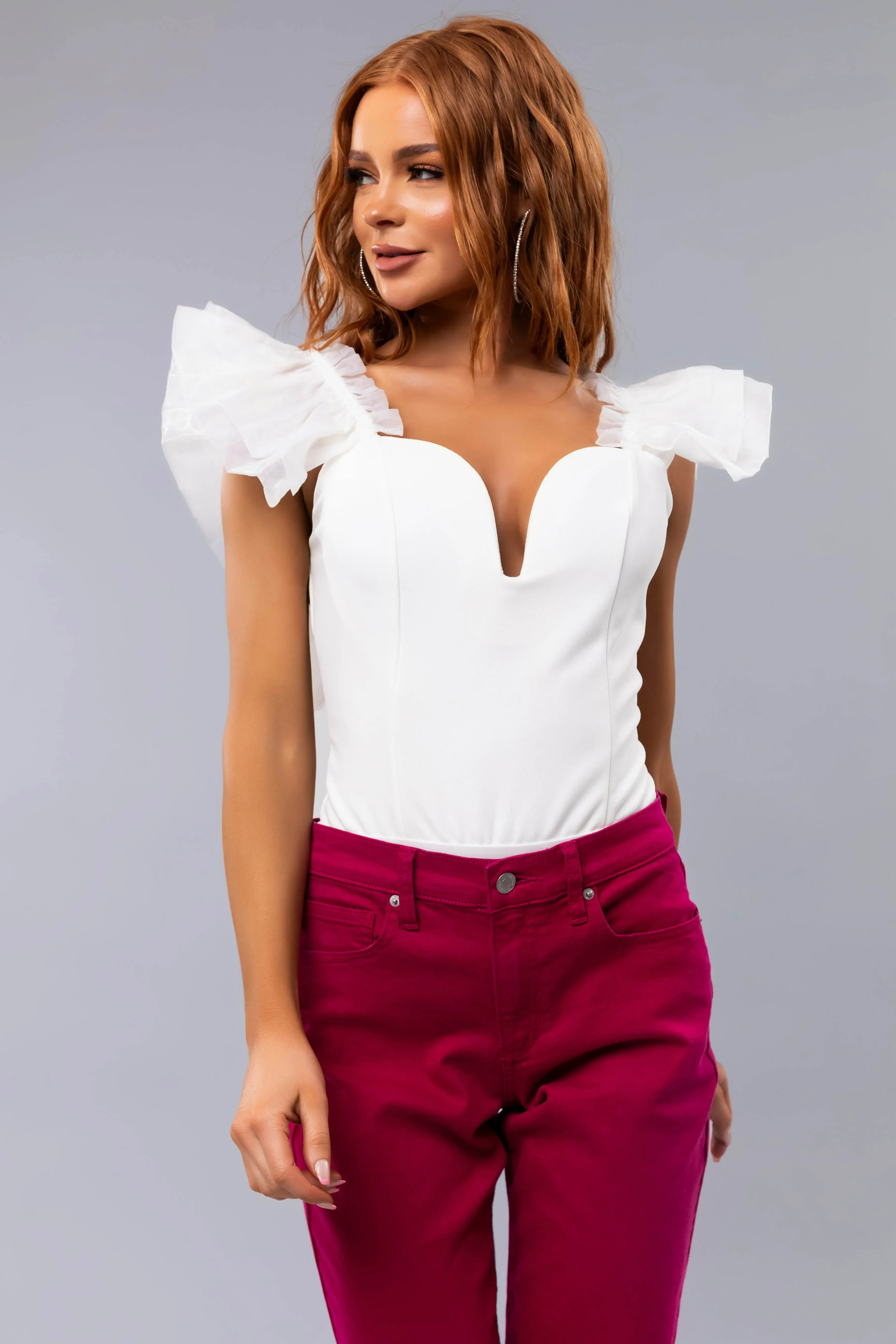 White Short Ruffle Sleeve Bodysuit sold by Lime Lush product image thumbnail 2