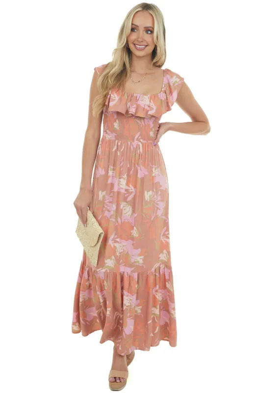 Terracotta Floral Open Back Smocked Maxi Dress sold by Lime Lush
