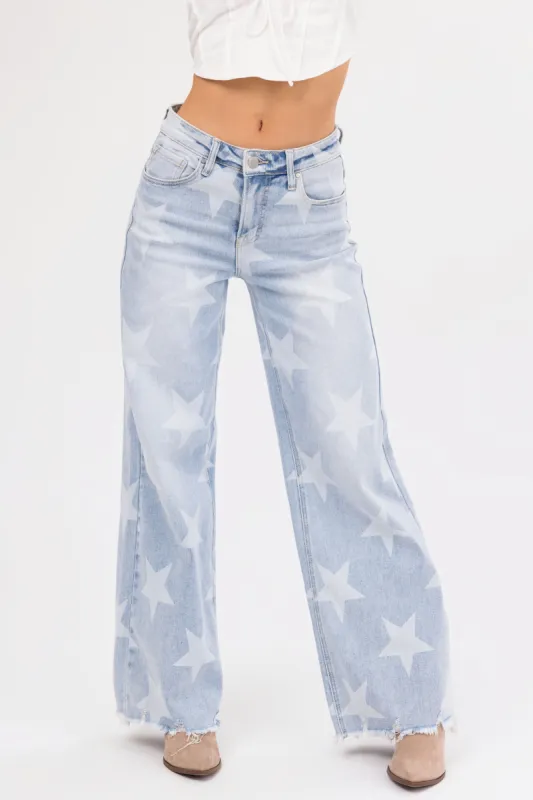 Risen Light Wash Star Print Wide Leg Jeans sold by Lime Lush