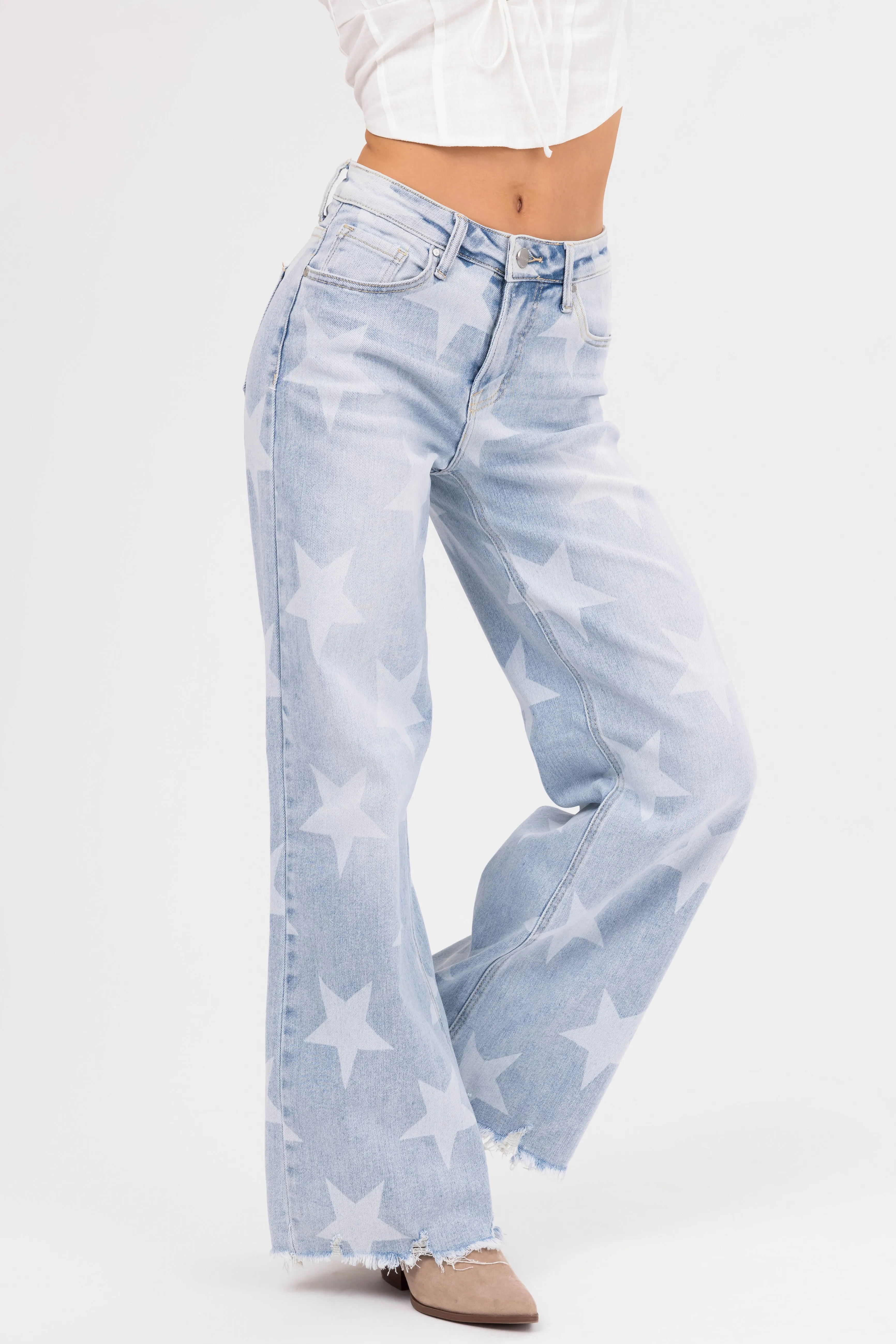 Risen Light Wash Star Print Wide Leg Jeans sold by Lime Lush product image thumbnail 4