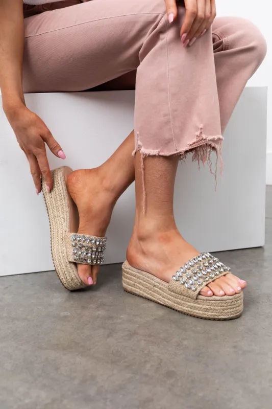 Silver and Beige Rhinestone Espadrille Sandals sold by Lime Lush