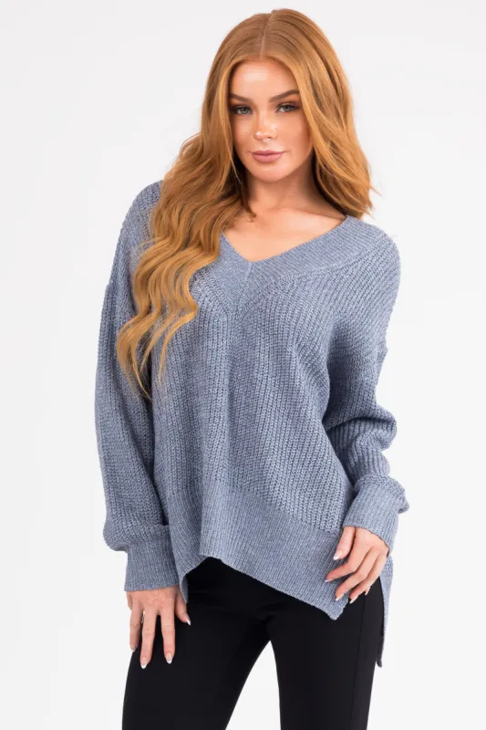 Steel Blue V Neck High Low Sweater sold by Lime Lush
