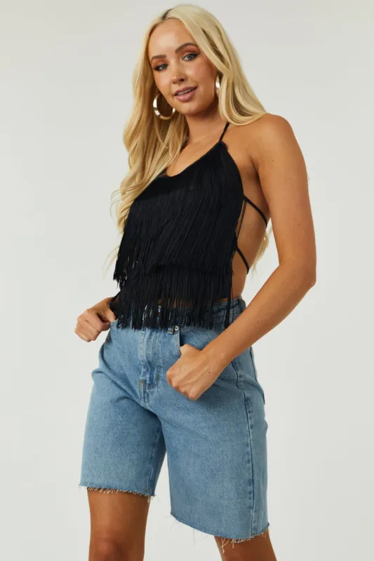 Black Layered Fringe Halter Neck Top sold by Lime Lush