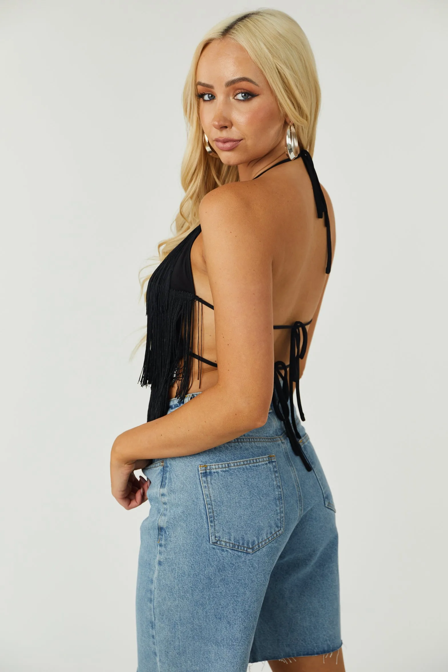 Black Layered Fringe Halter Neck Top sold by Lime Lush product image thumbnail 4