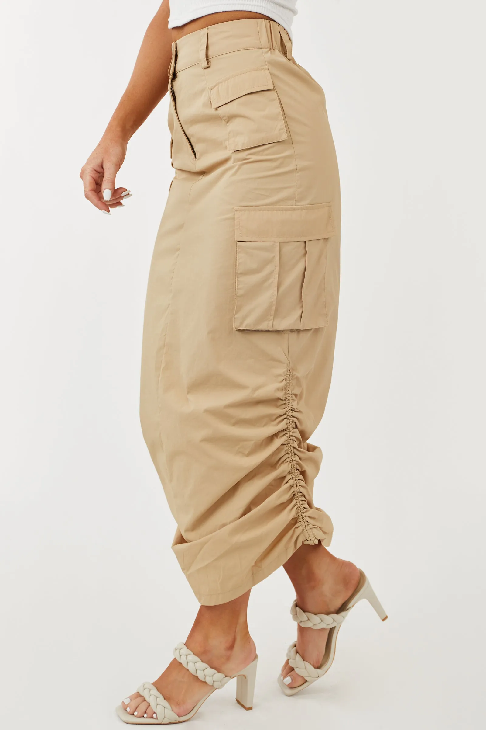 Beige Adjustable Ruched Sides Cargo Midi Skirt sold by Lime Lush product image thumbnail 4