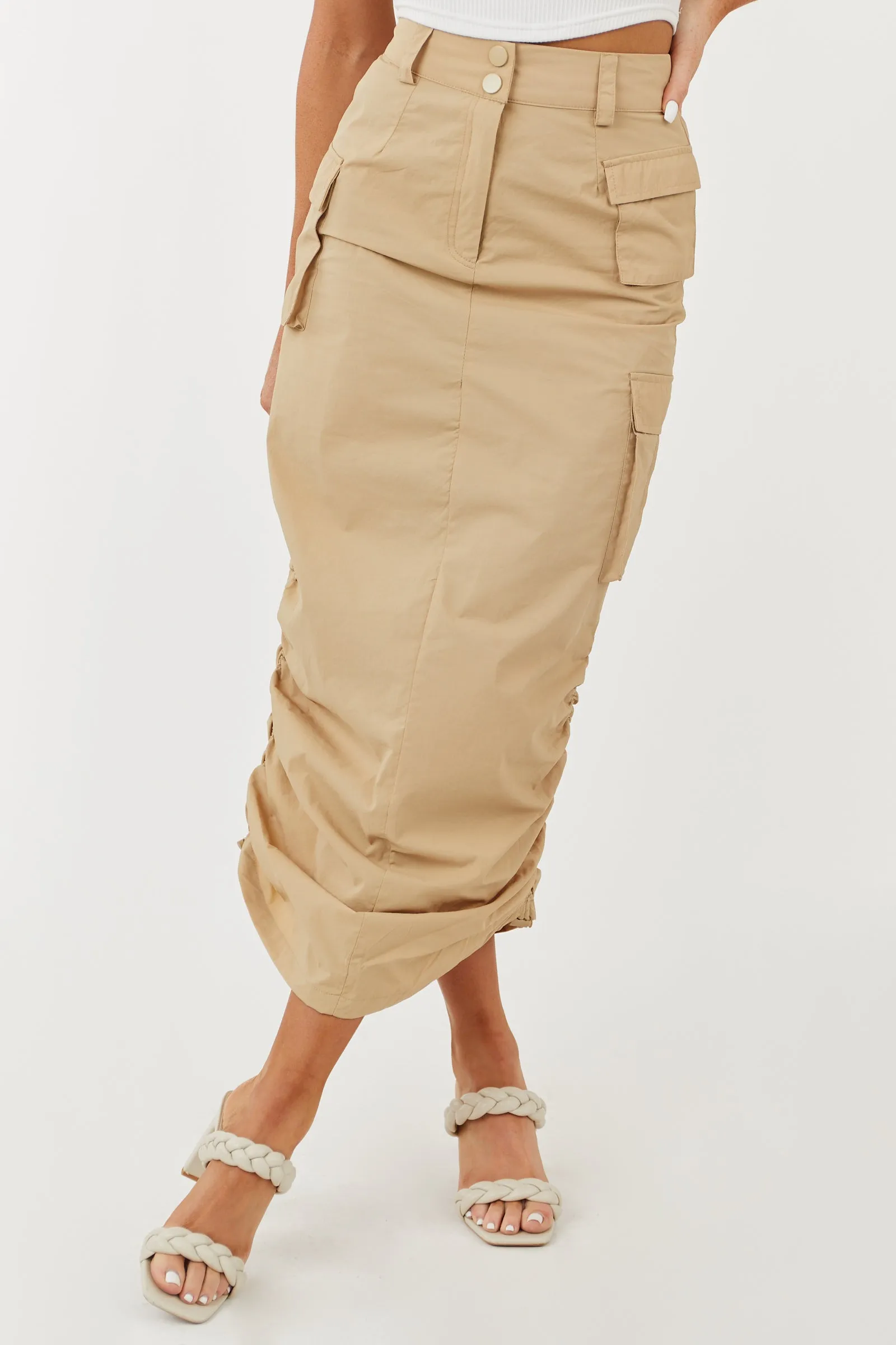 Beige Adjustable Ruched Sides Cargo Midi Skirt sold by Lime Lush product image thumbnail 3