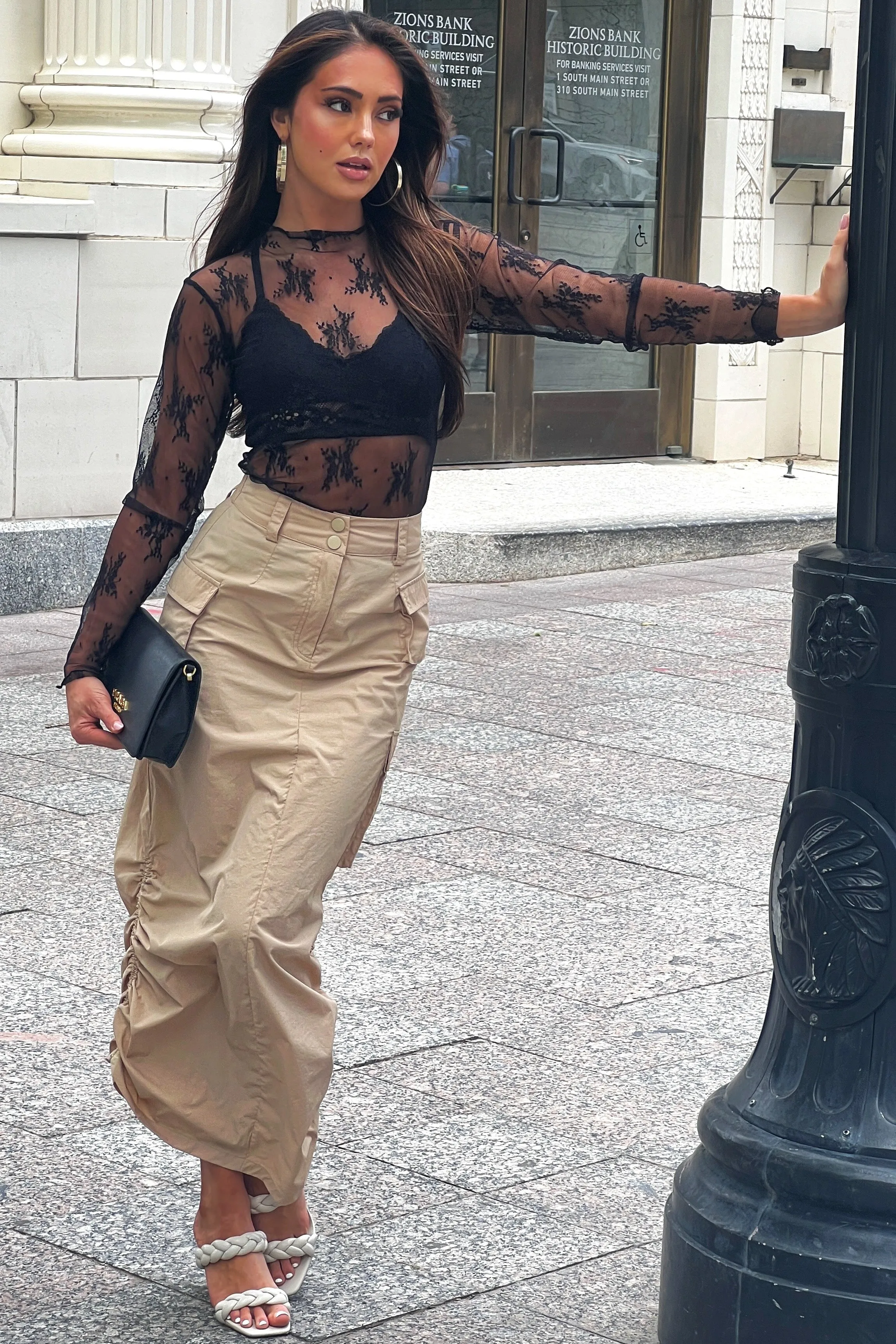 Beige Adjustable Ruched Sides Cargo Midi Skirt sold by Lime Lush