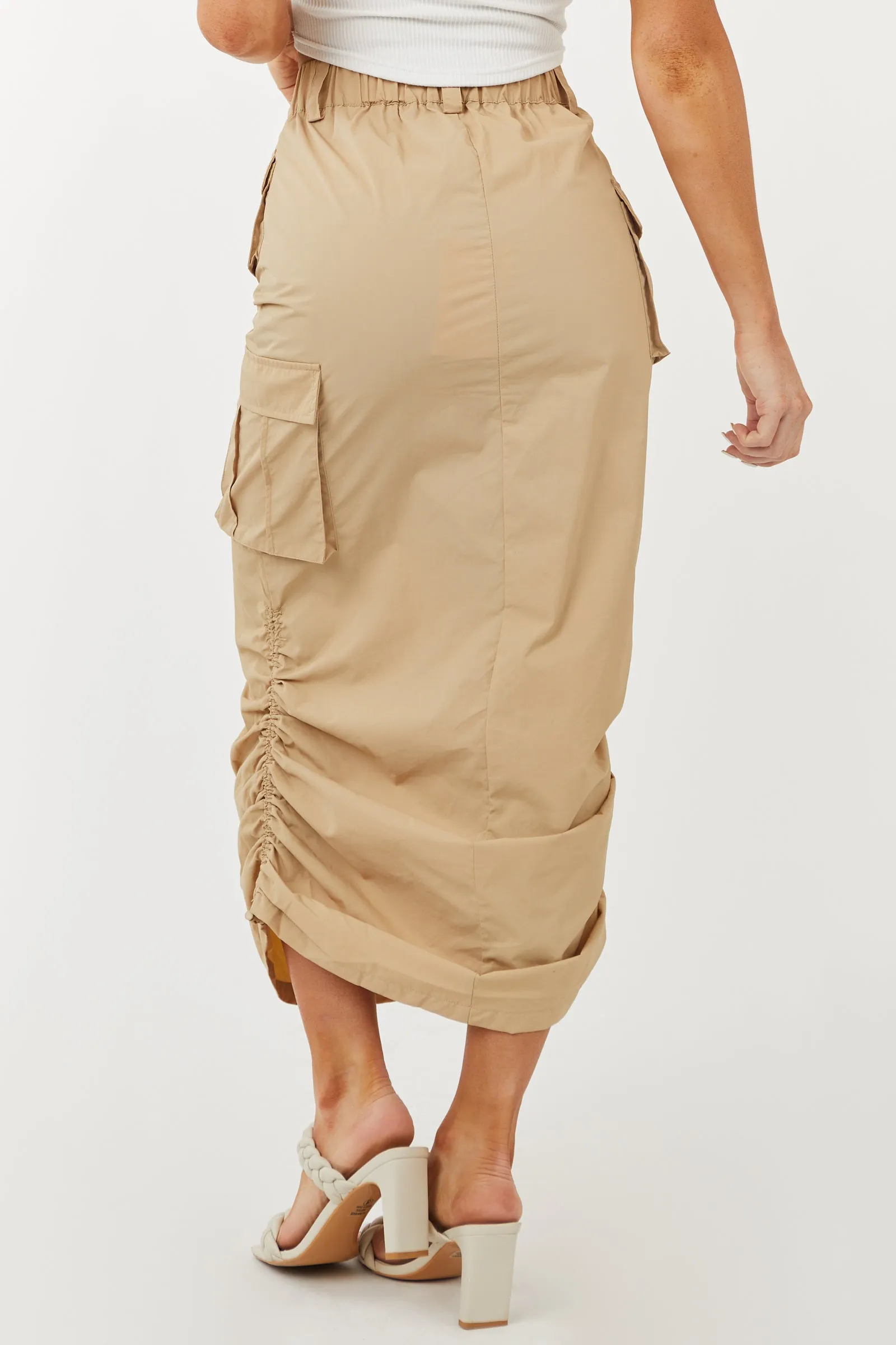 Beige Adjustable Ruched Sides Cargo Midi Skirt sold by Lime Lush product image thumbnail 5