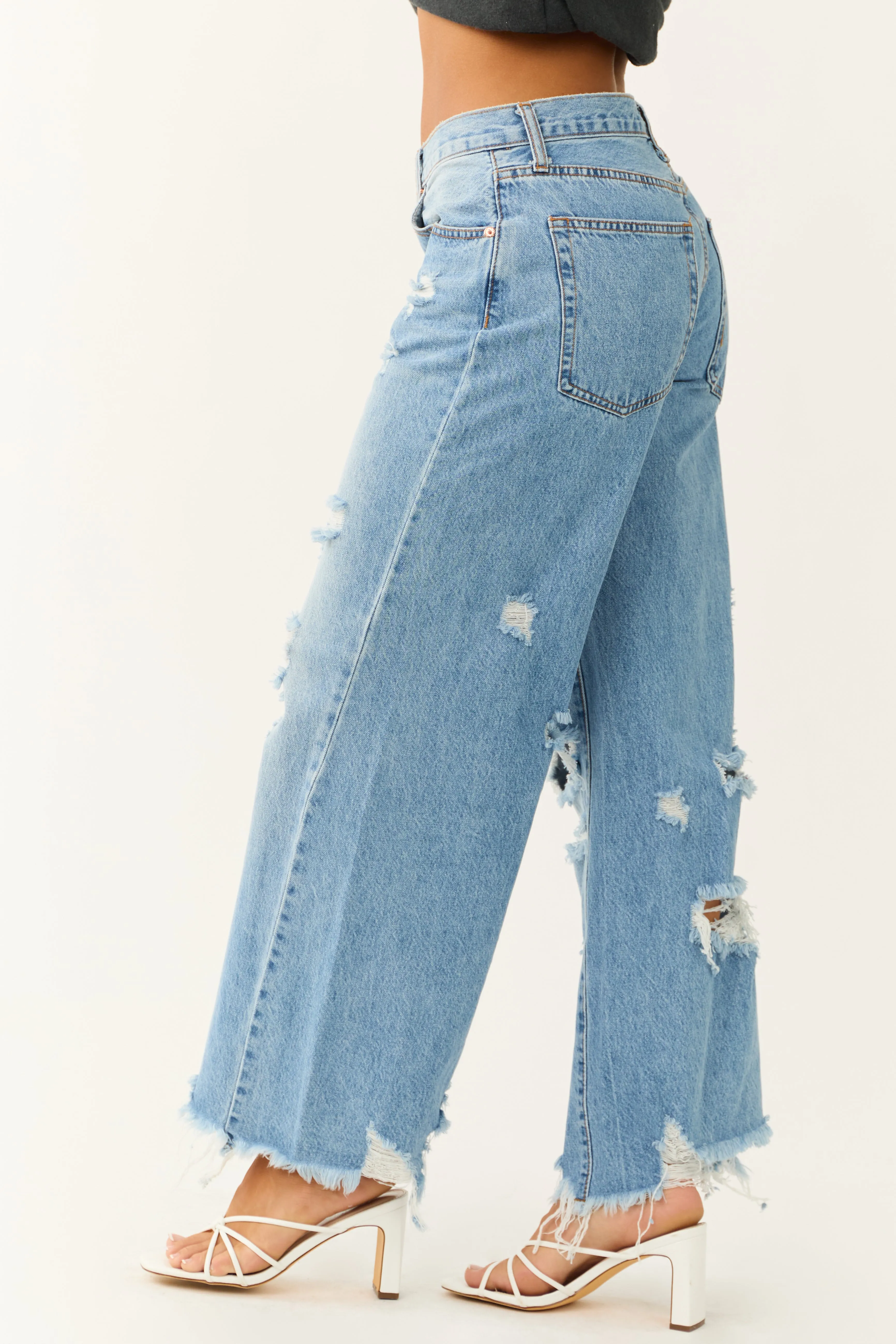 Signature8 Medium Wash Distressed Wide Leg Jeans sold by Lime Lush product image thumbnail 3