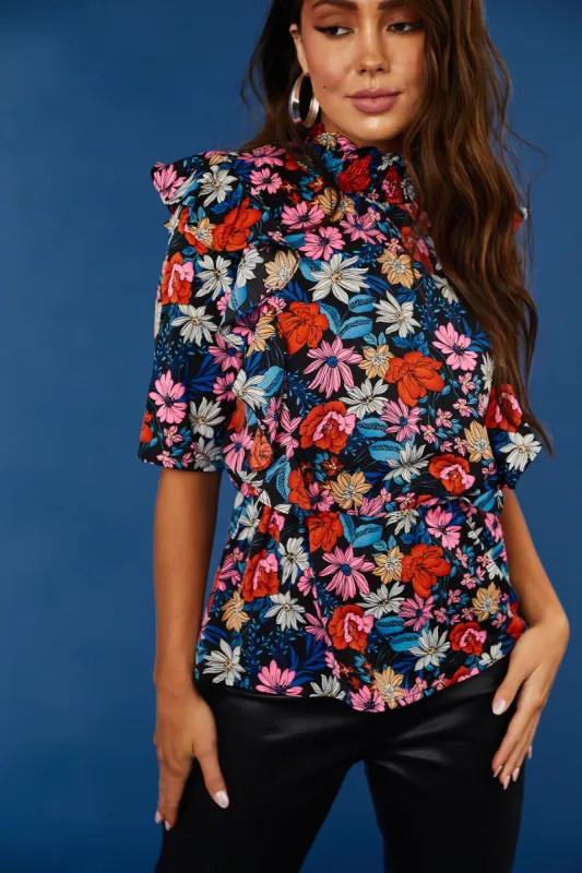 Sapphire Multi Floral Ruffle Peplum Woven Top sold by Lime Lush