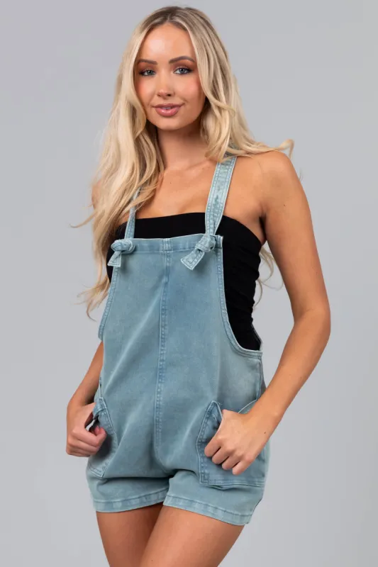 Faded Teal Knotted Straps Denim Romper sold by Lime Lush