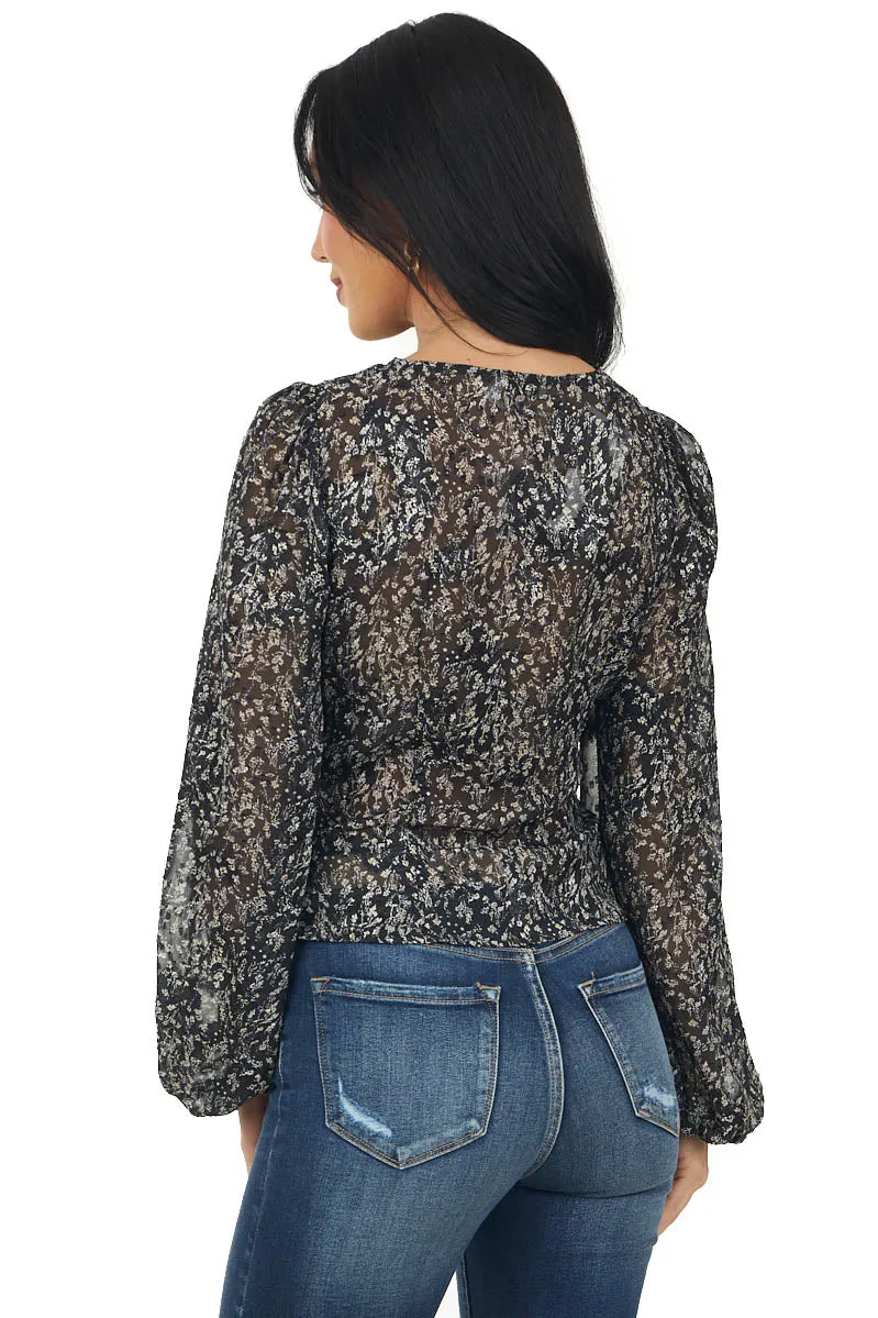 Black Ditsy Floral Print Ruched Front Blouse sold by Lime Lush product image thumbnail 4