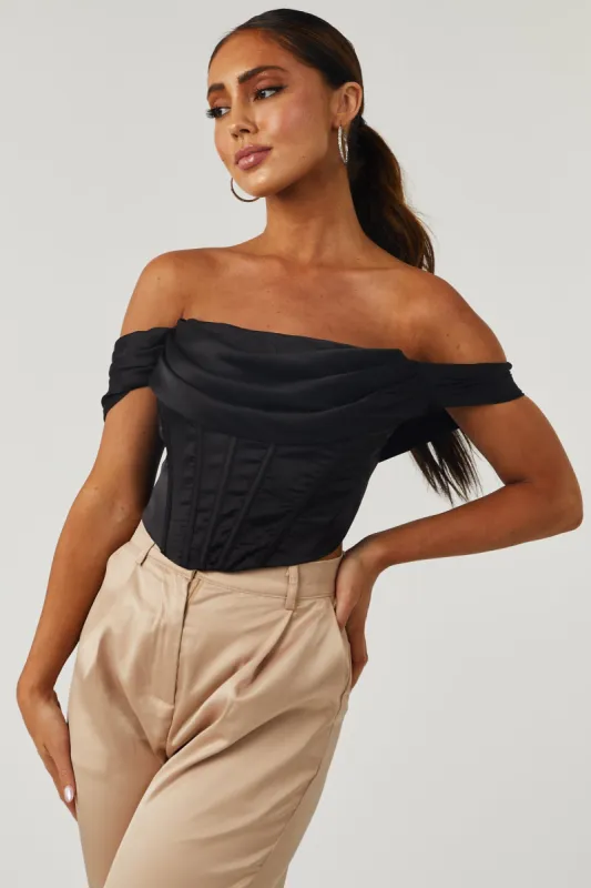 Black Ruched Off Shoulder Satin Corset Top sold by Lime Lush