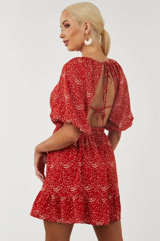 Pomegranate Spotted Open Tie Back Mini Dress sold by Lime Lush
