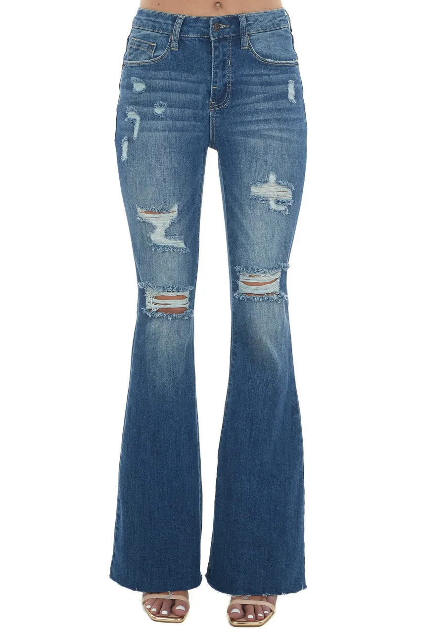 Special A Mid Wash High Rise Flare Leg Torn Denim Jeans sold by Lime Lush