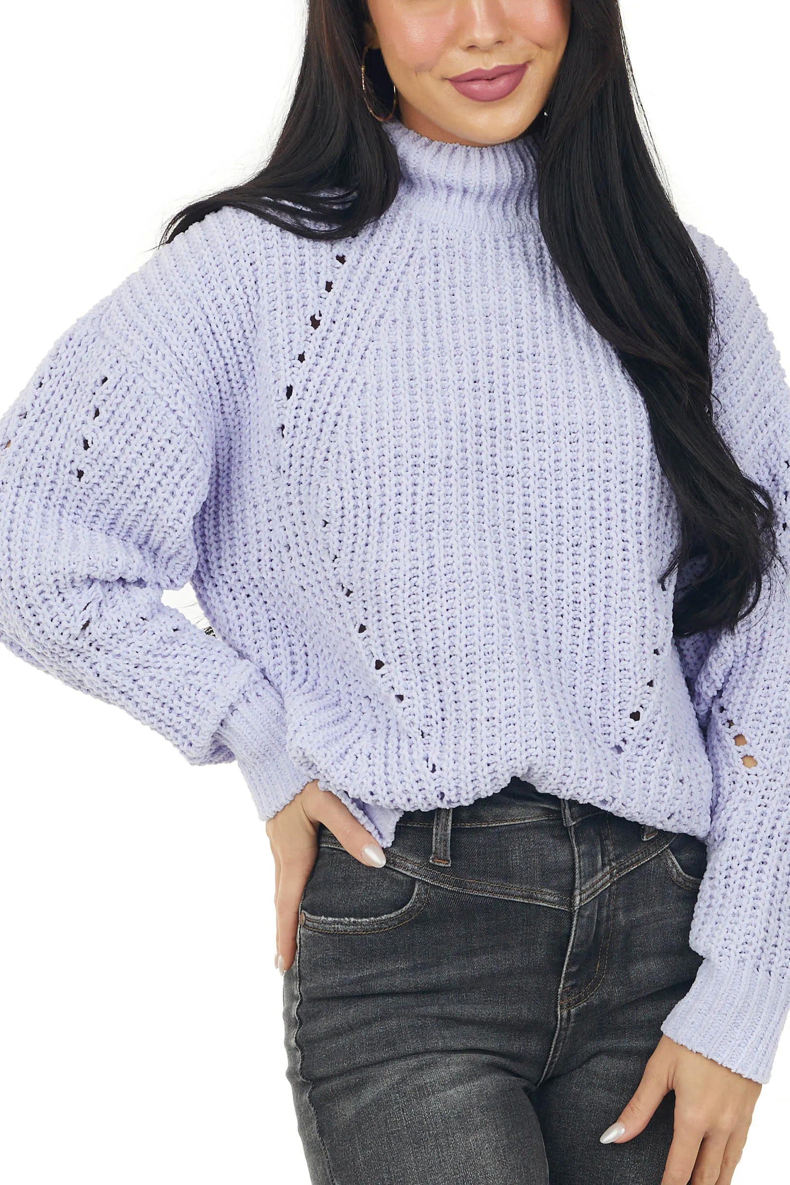 Lavender Mock Neck Pointelle Chenille Sweater sold by Lime Lush product image thumbnail 4