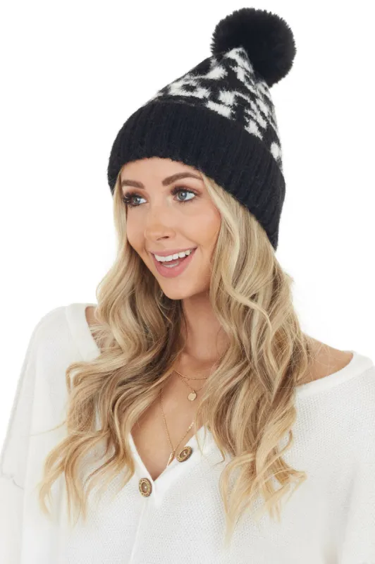 Black and White Leopard Print Beanie with Pom Pom Detail sold by Lime Lush