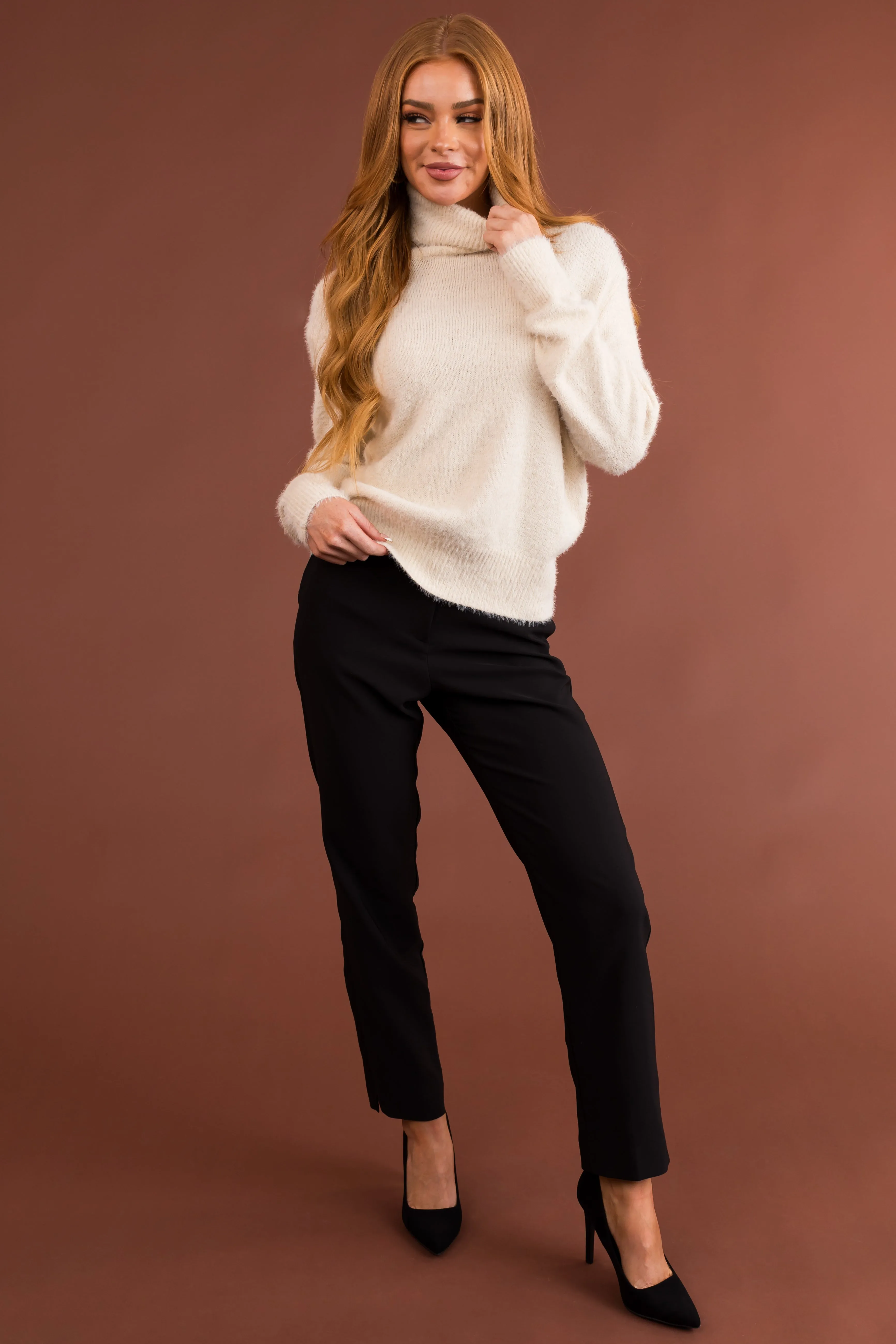 Cream Fuzzy Long Sleeve Turtleneck Sweater sold by Lime Lush product image thumbnail 4