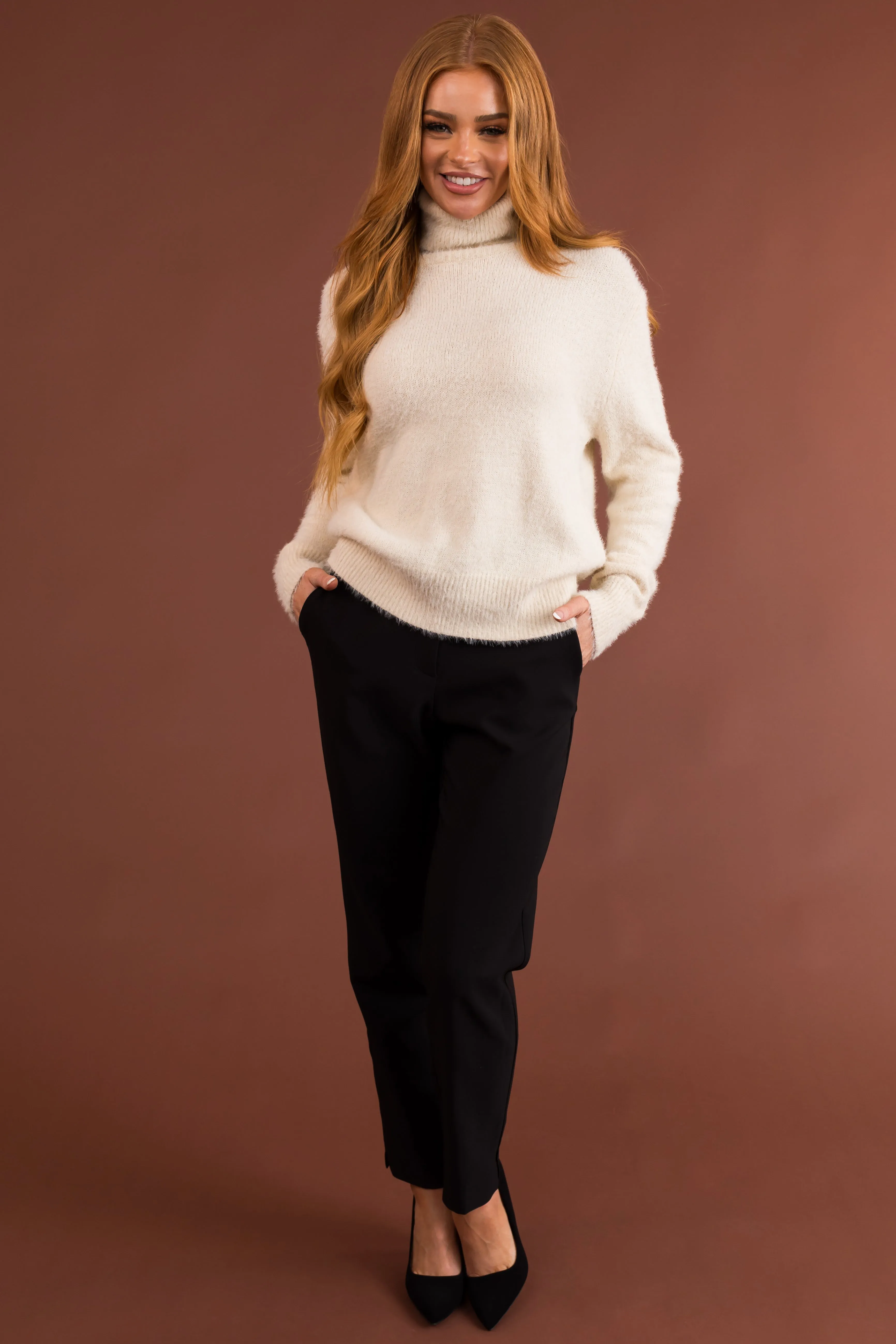 Cream Fuzzy Long Sleeve Turtleneck Sweater sold by Lime Lush product image thumbnail 3
