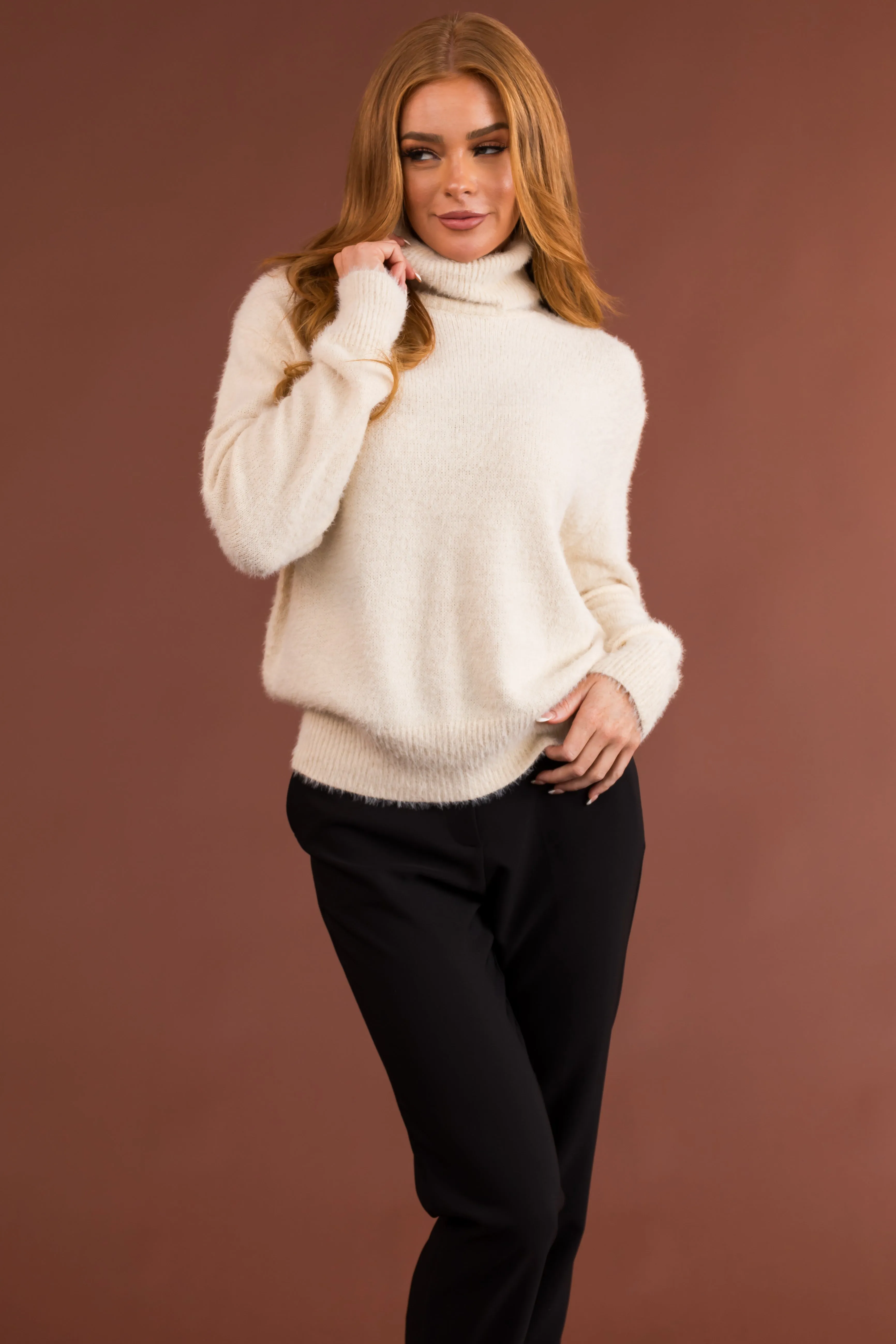 Cream Fuzzy Long Sleeve Turtleneck Sweater sold by Lime Lush product image thumbnail 2