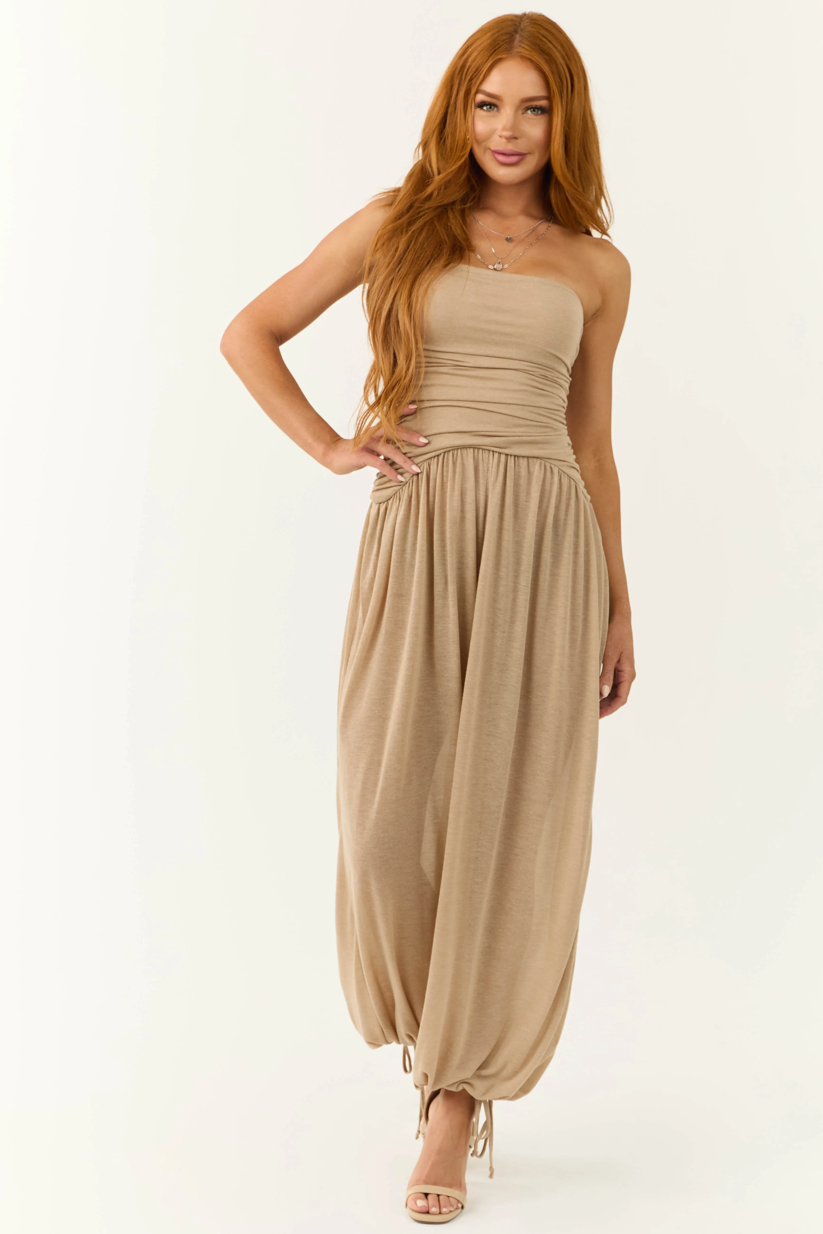 Latte Strapless Wide Leg Ruched Jumpsuit sold by Lime Lush product image thumbnail 3