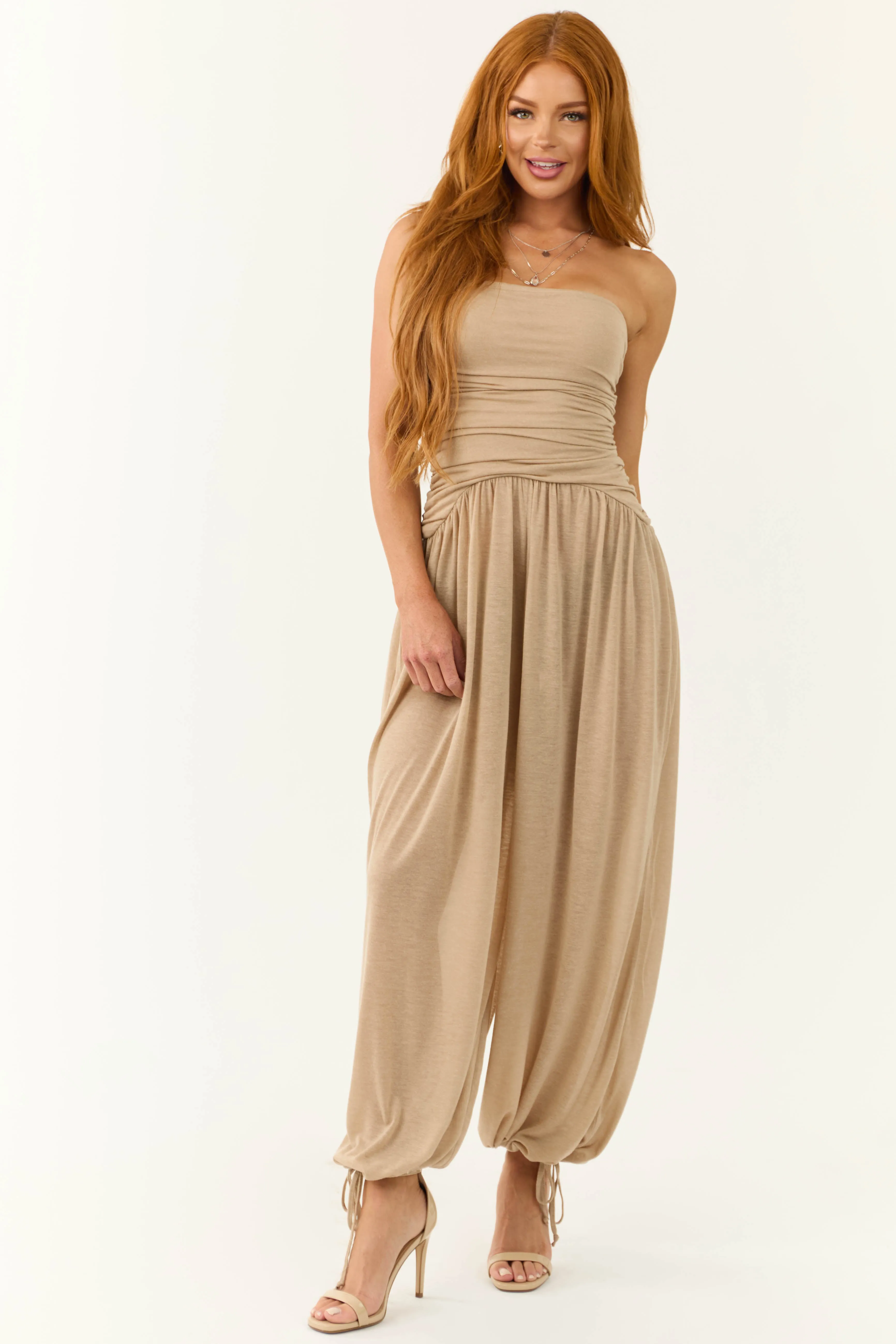 Latte Strapless Wide Leg Ruched Jumpsuit sold by Lime Lush product image thumbnail 2