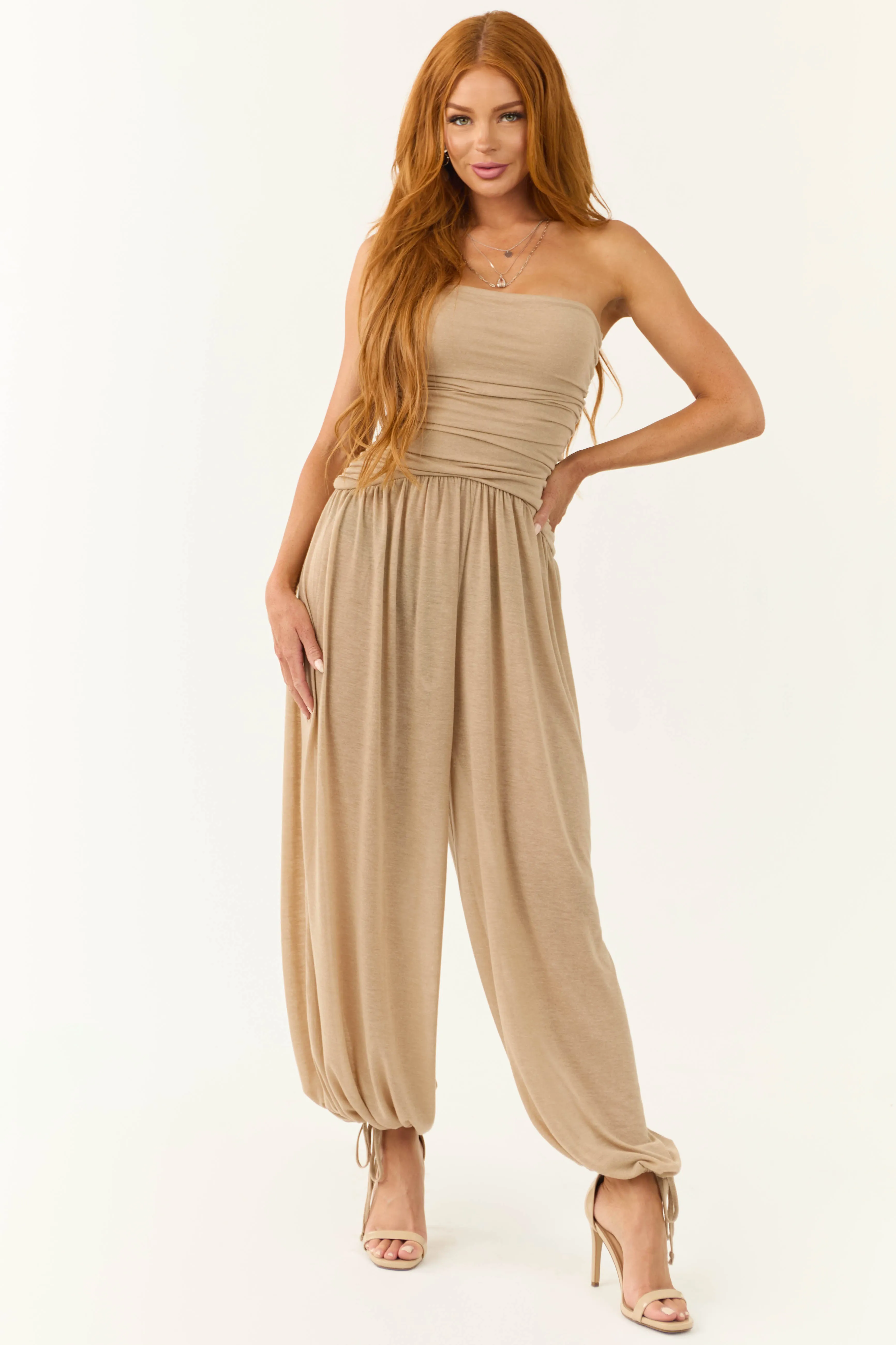 Latte Strapless Wide Leg Ruched Jumpsuit sold by Lime Lush product image thumbnail 4