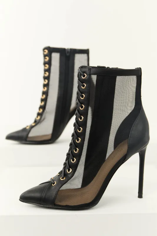 Black Sheer Mesh Lace Up Stiletto Booties sold by Lime Lush