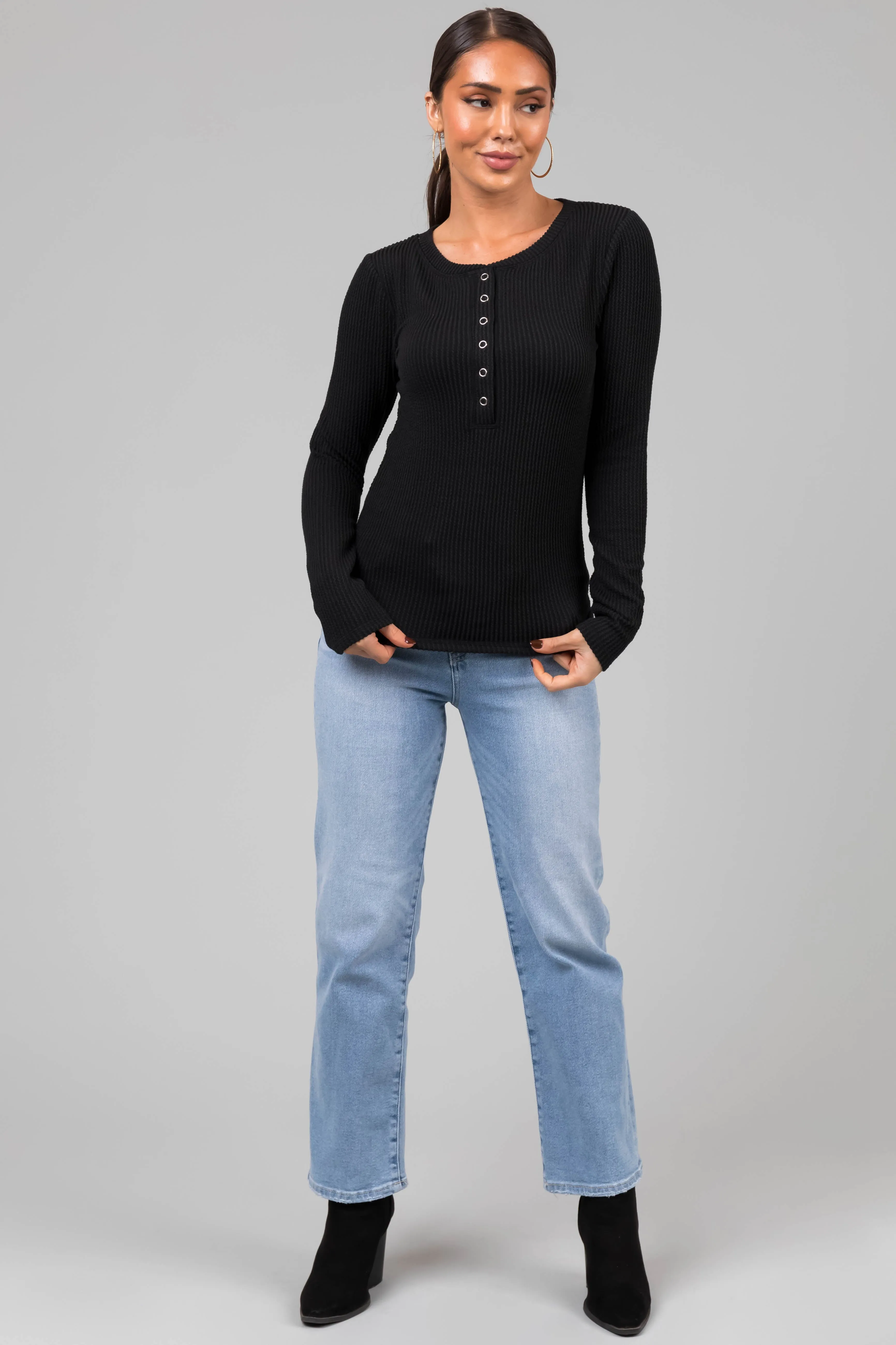 Black Wavy Ribbed Knit Snap Button Top sold by Lime Lush product image thumbnail 3