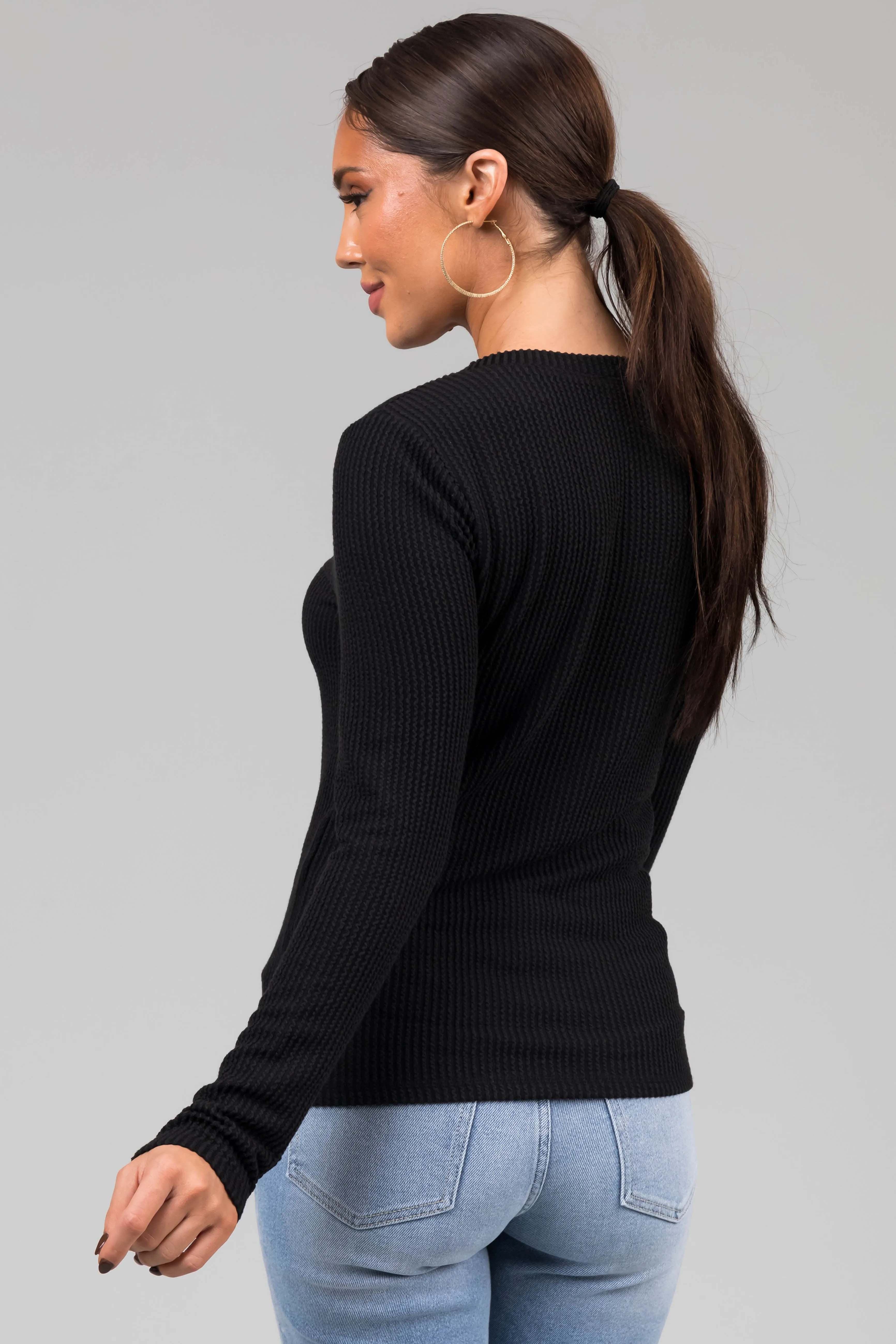 Black Wavy Ribbed Knit Snap Button Top sold by Lime Lush product image thumbnail 5