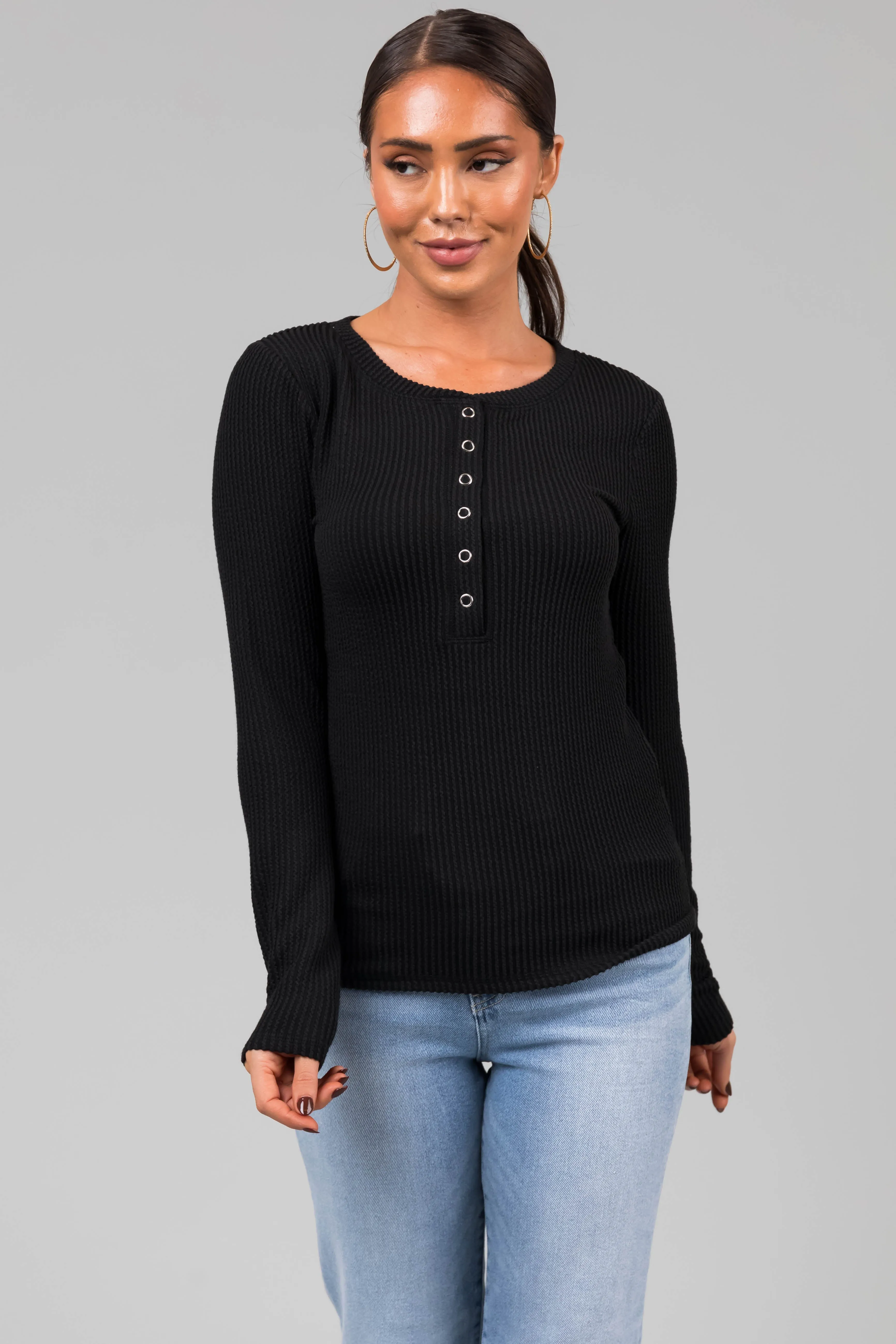 Black Wavy Ribbed Knit Snap Button Top sold by Lime Lush product image thumbnail 2