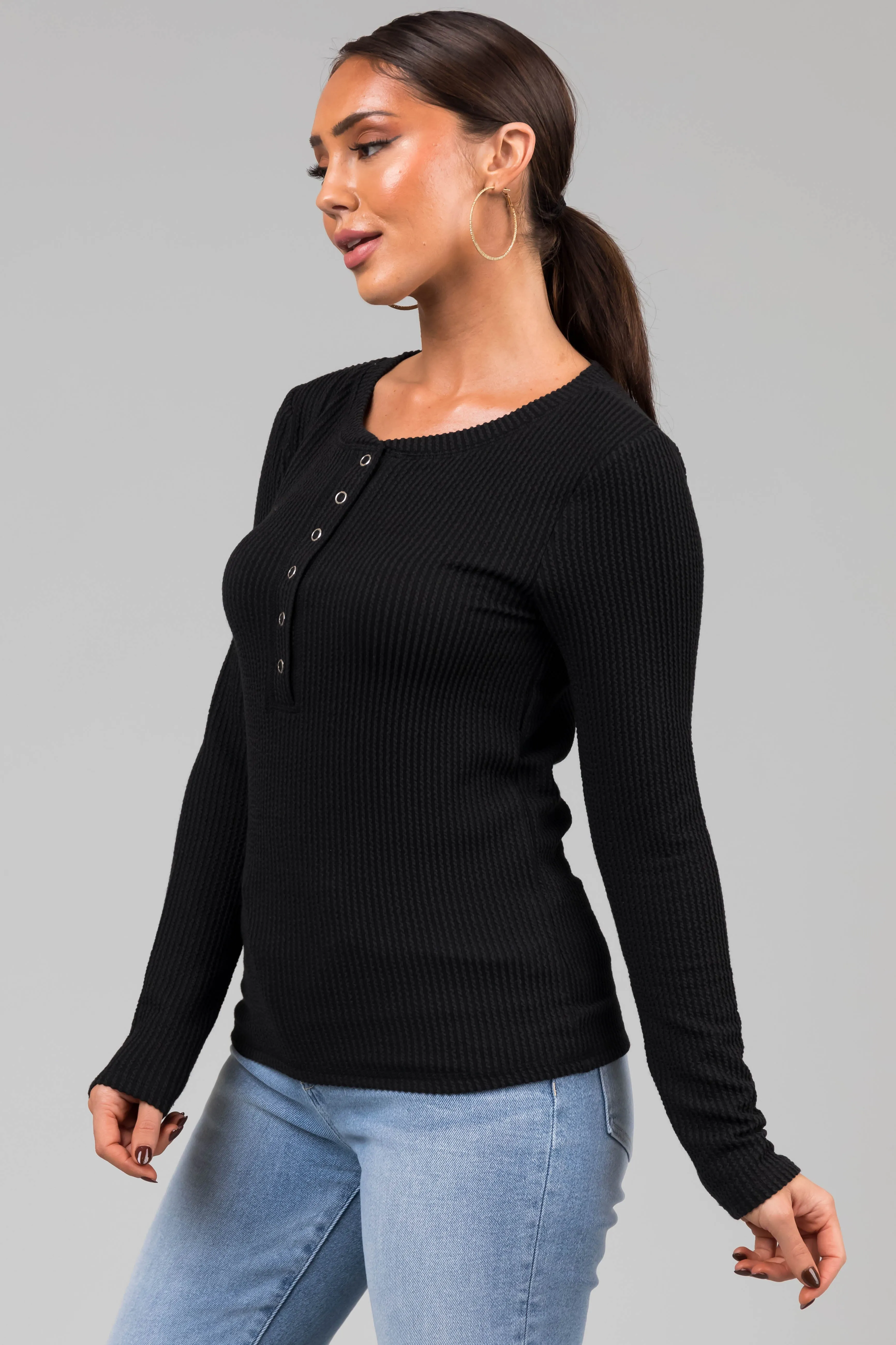 Black Wavy Ribbed Knit Snap Button Top sold by Lime Lush product image thumbnail 4