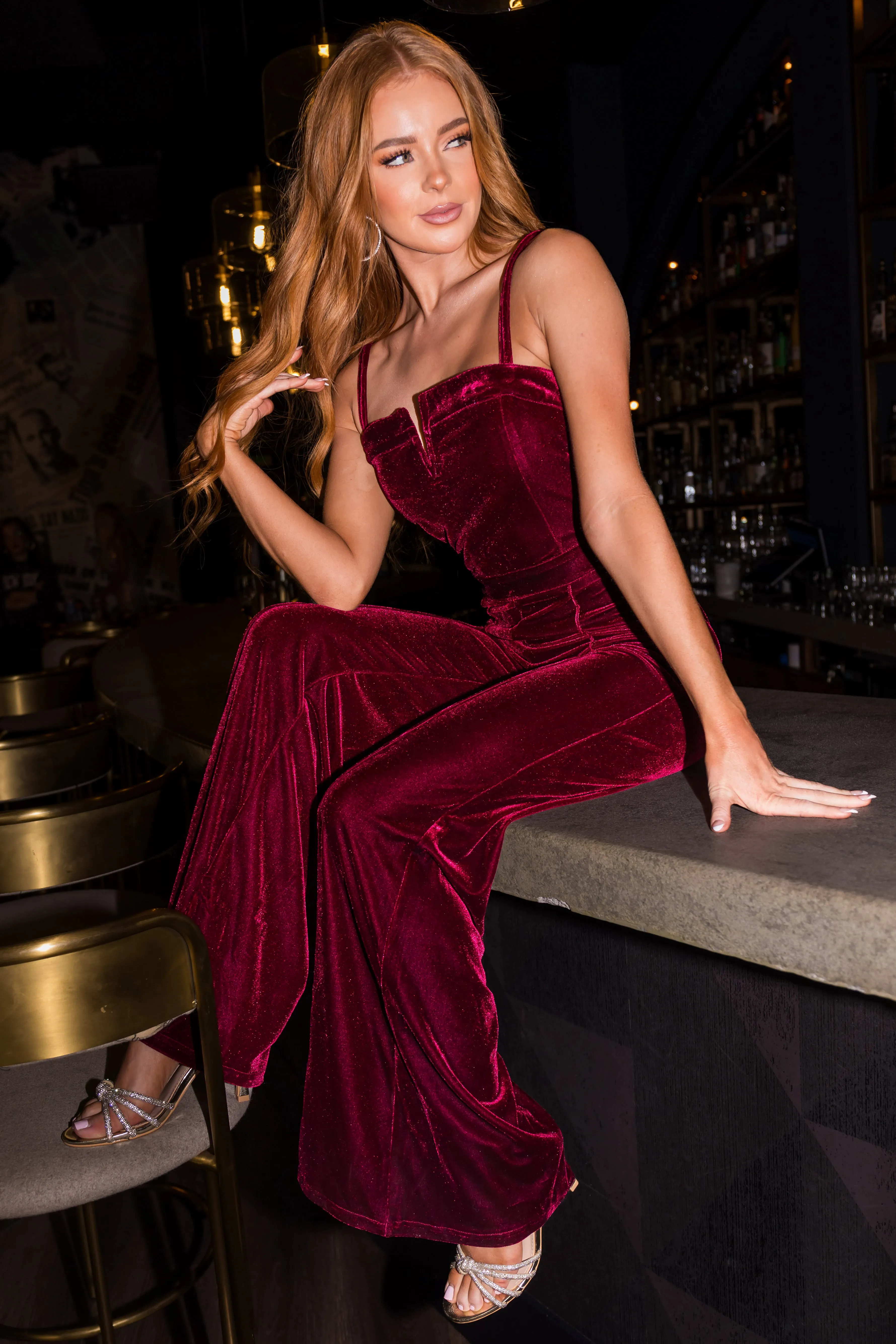 Flying Tomato Wine Split Neck Flare Leg Velvet Jumpsuit sold by Lime Lush product image thumbnail 5