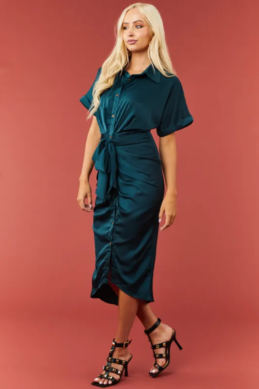 Dark Teal Button Down Front Tie Satin Midi Dress sold by Lime Lush