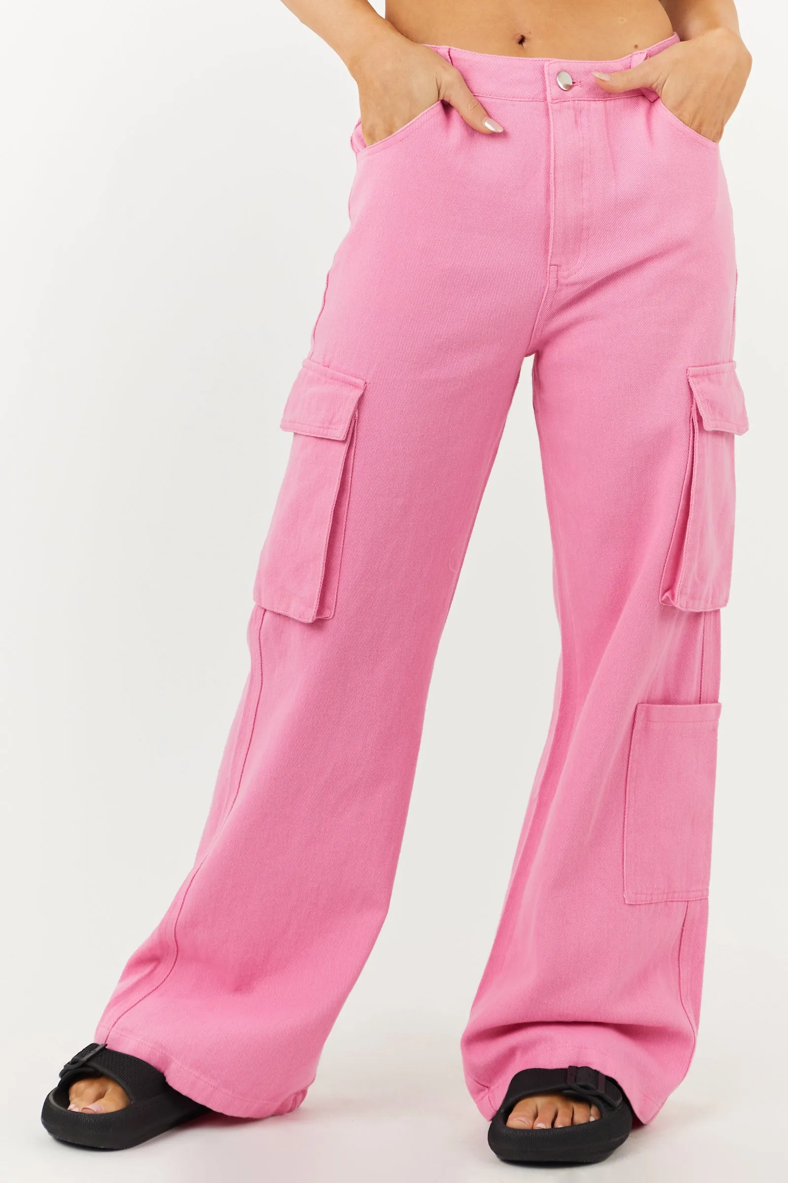 Timing Bubblegum High Rise Wide Leg Denim Cargo Pants sold by Lime Lush product image thumbnail 3