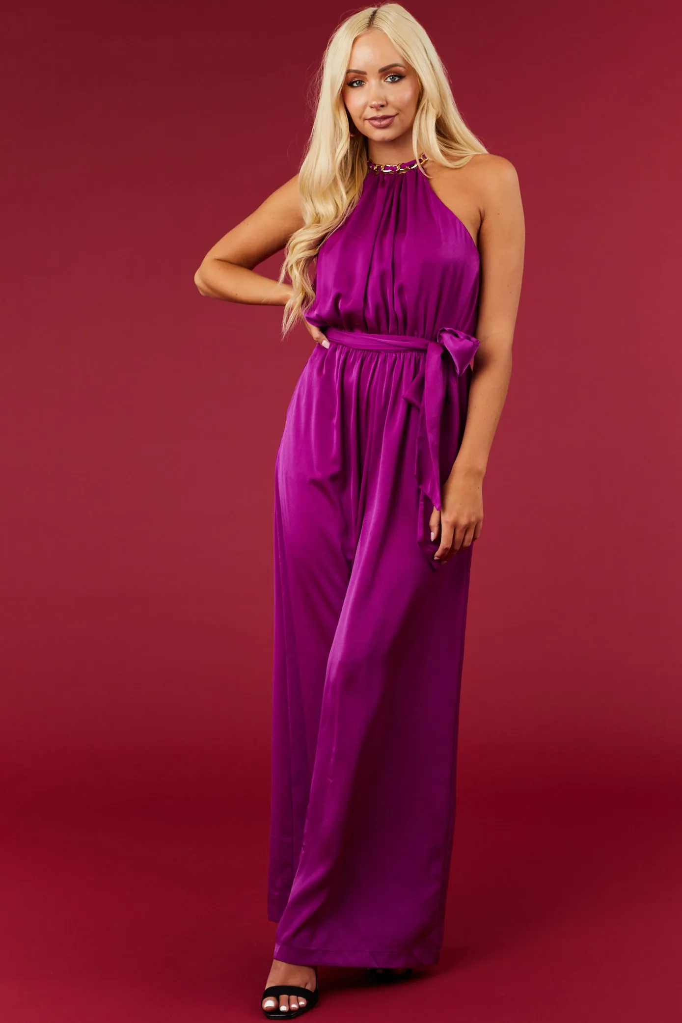 Grape Sleeveless Chain Neckline Jumpsuit sold by Lime Lush product image thumbnail 2
