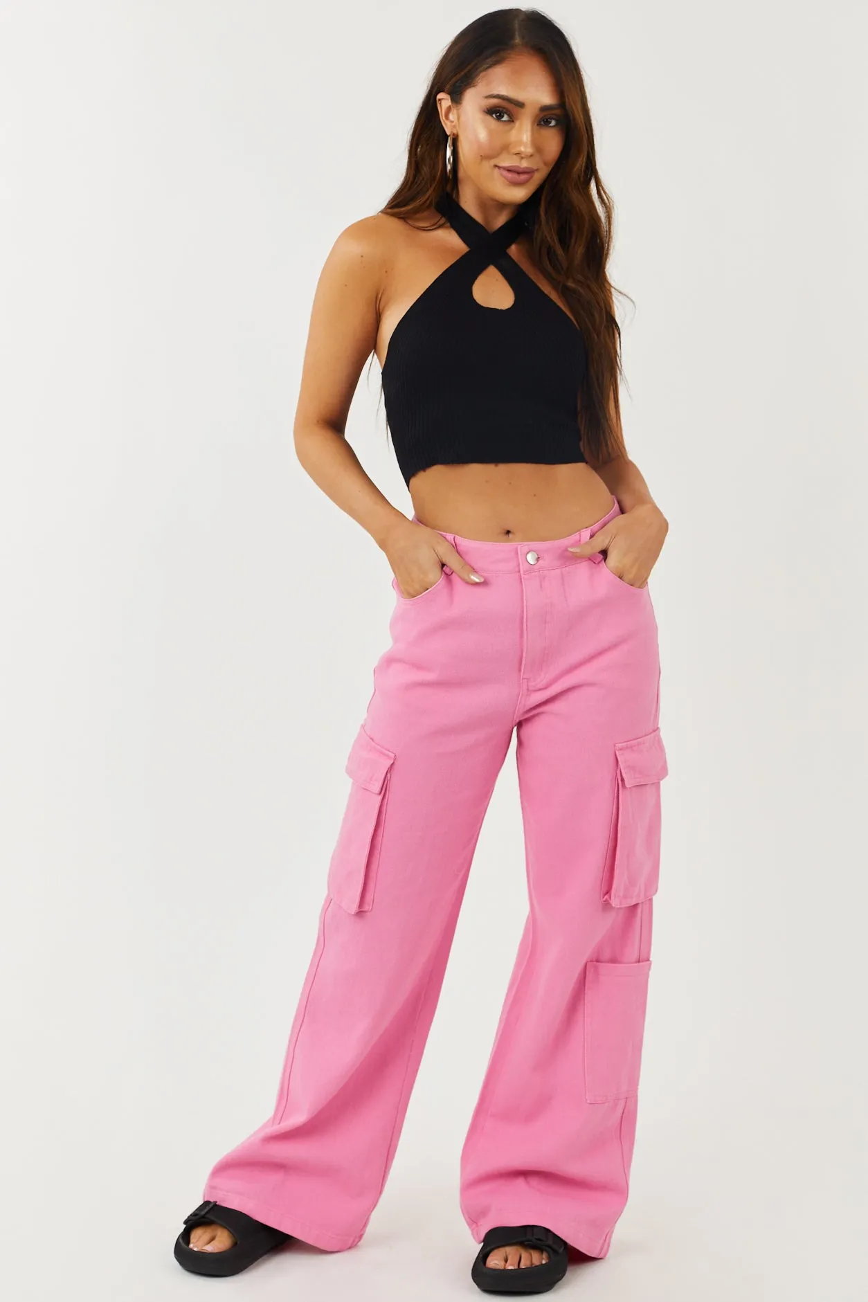 Timing Bubblegum High Rise Wide Leg Denim Cargo Pants sold by Lime Lush product image thumbnail 5