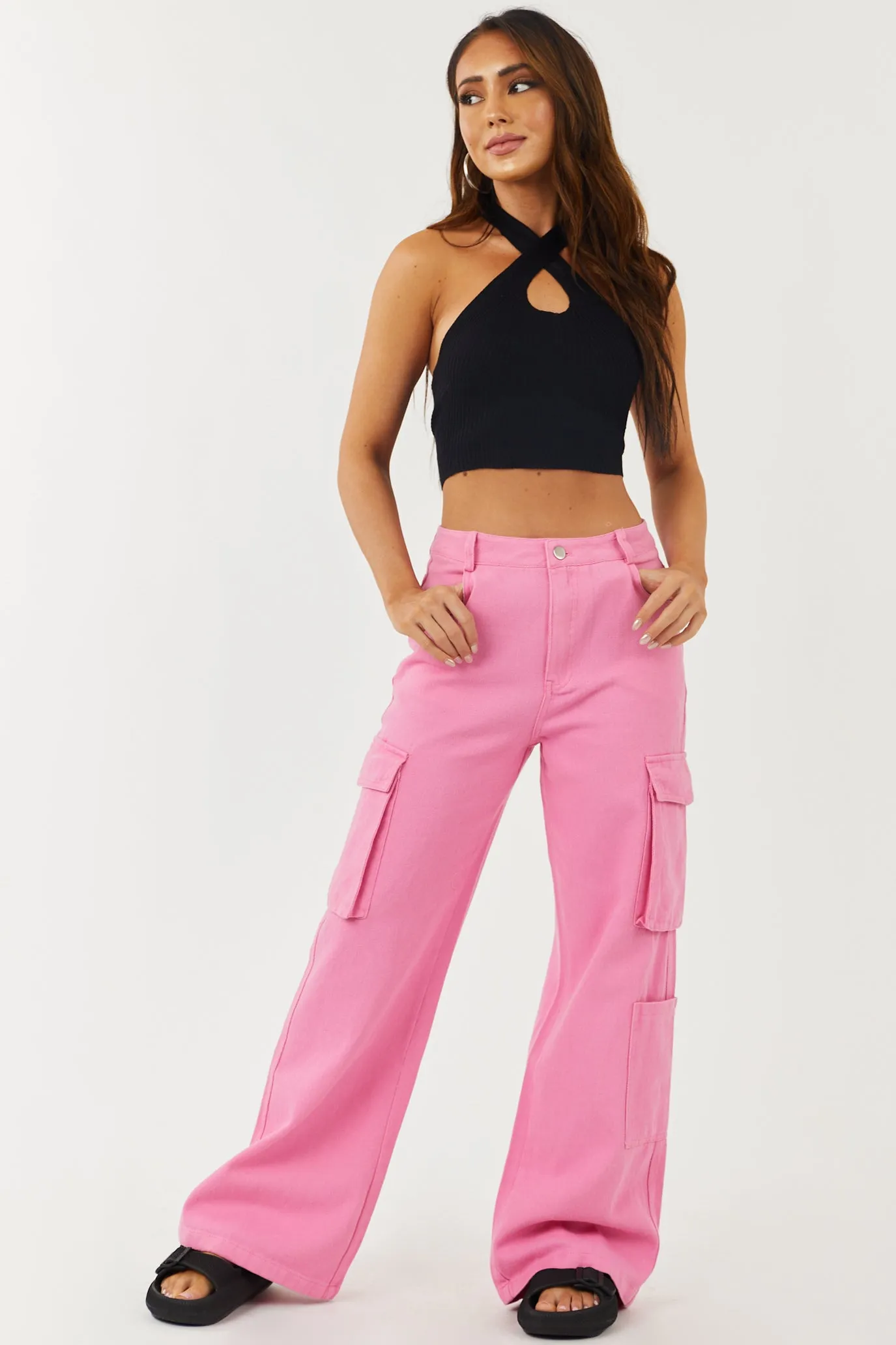 Timing Bubblegum High Rise Wide Leg Denim Cargo Pants sold by Lime Lush
