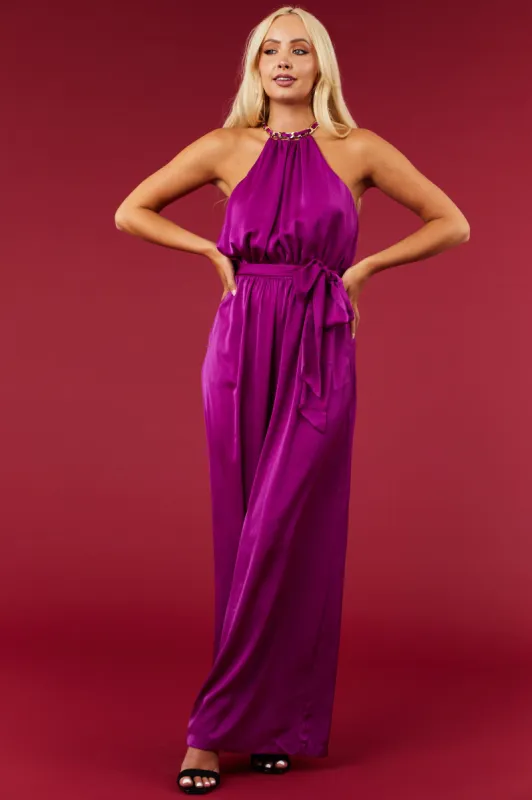 Grape Sleeveless Chain Neckline Jumpsuit sold by Lime Lush