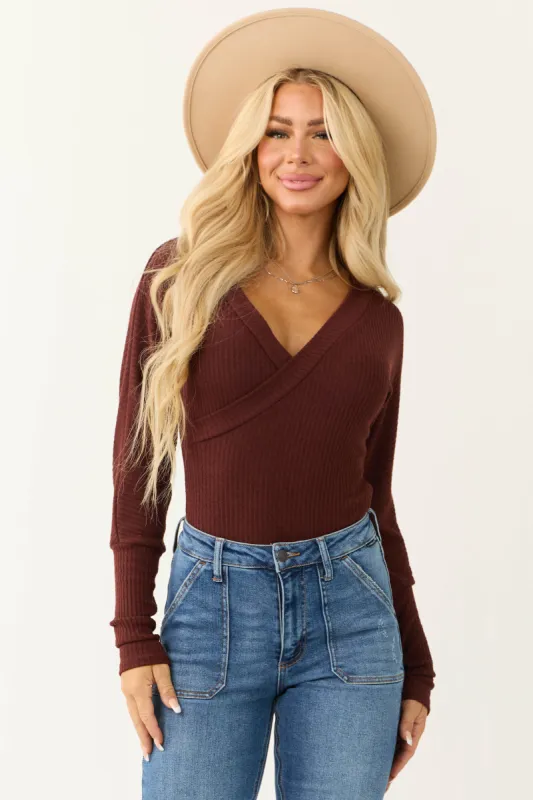 Chocolate Long Sleeve Surplice Ribbed Bodysuit sold by Lime Lush