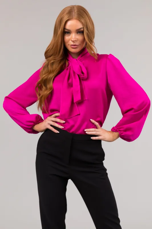 Fuchsia Bow Tie Neck Long Sleeve Satin Blouse sold by Lime Lush