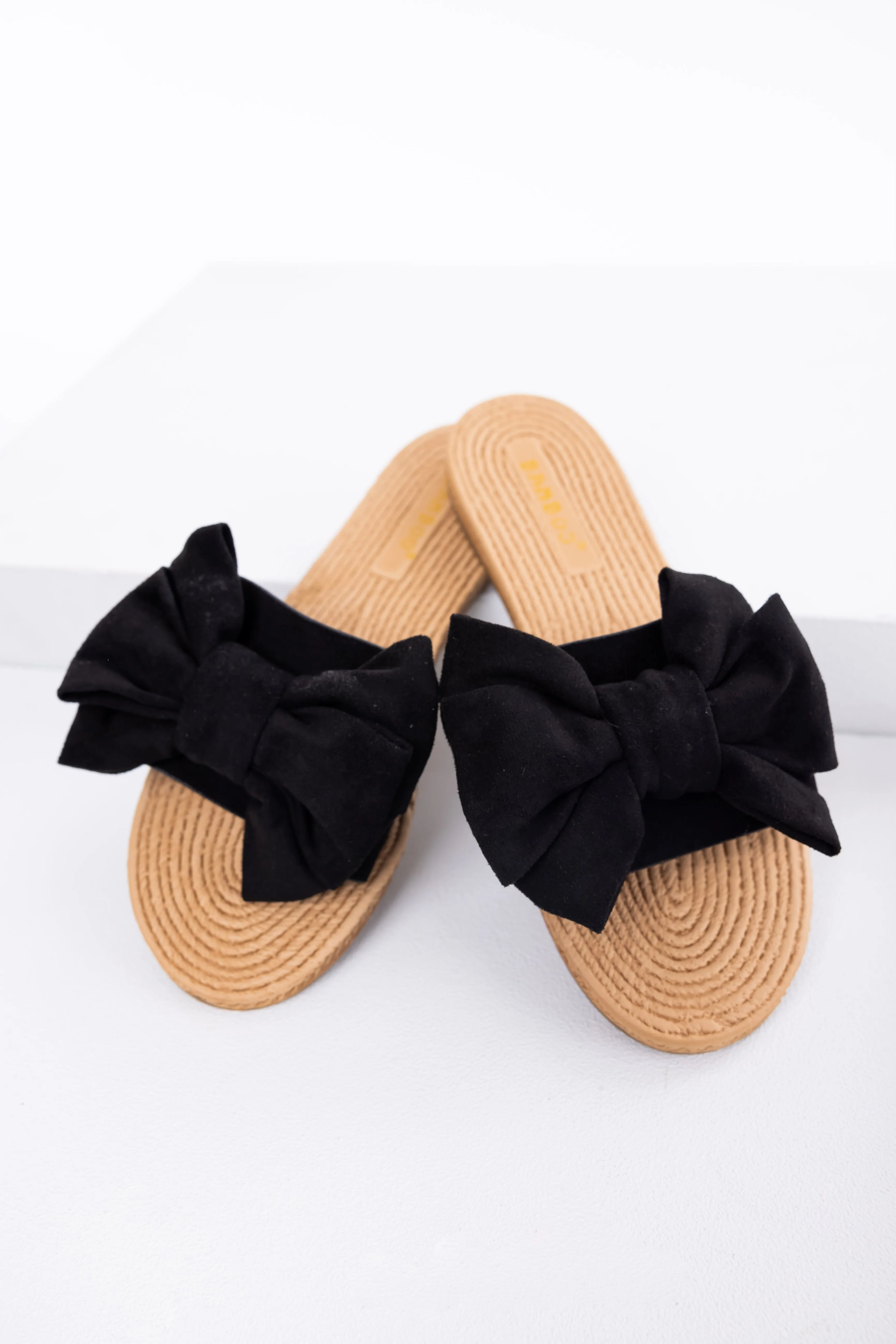 Black Faux Suede Bow Slide On Sandals sold by Lime Lush