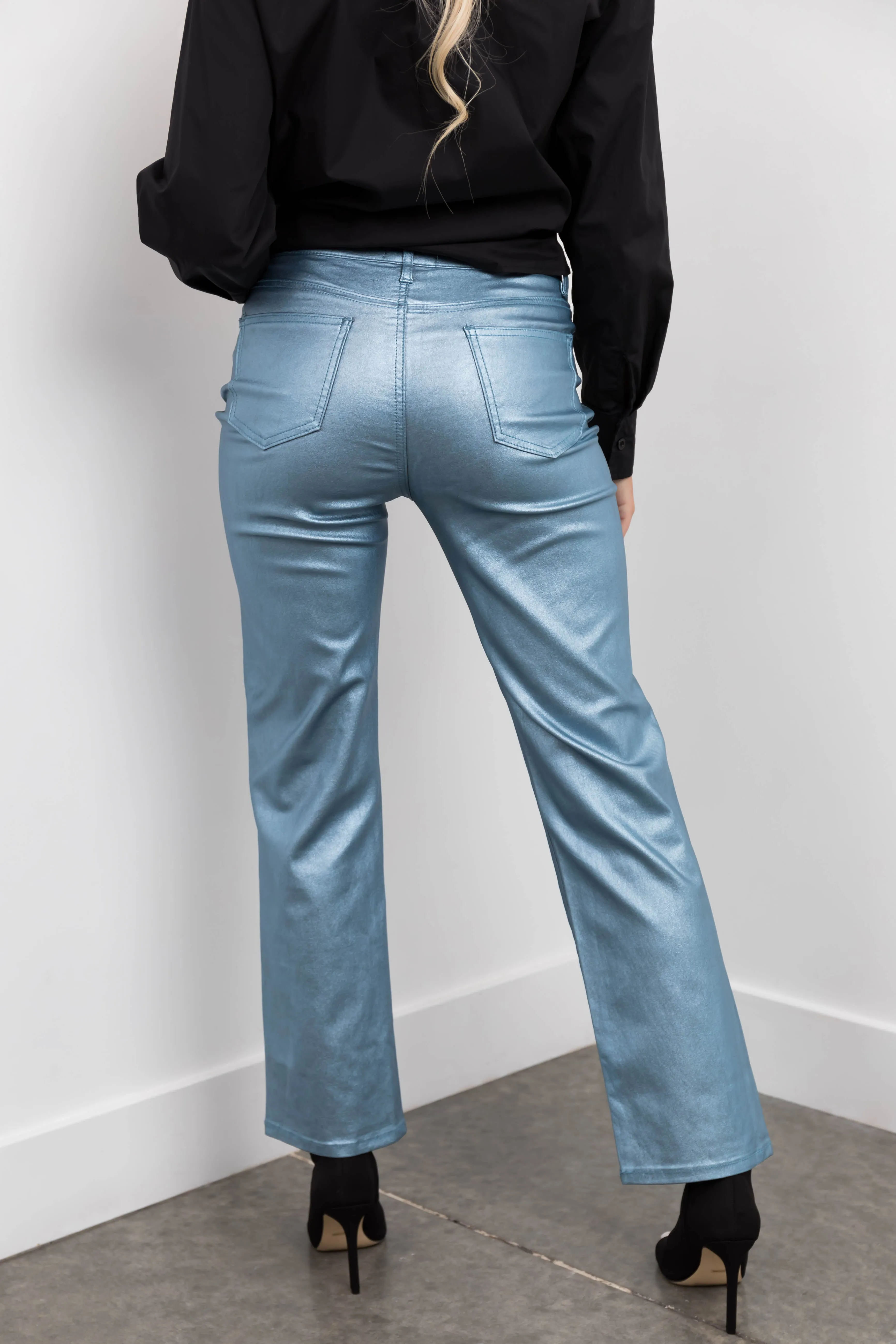 Powder Blue Metallic High Rise Dad Jeans sold by Lime Lush product image thumbnail 5