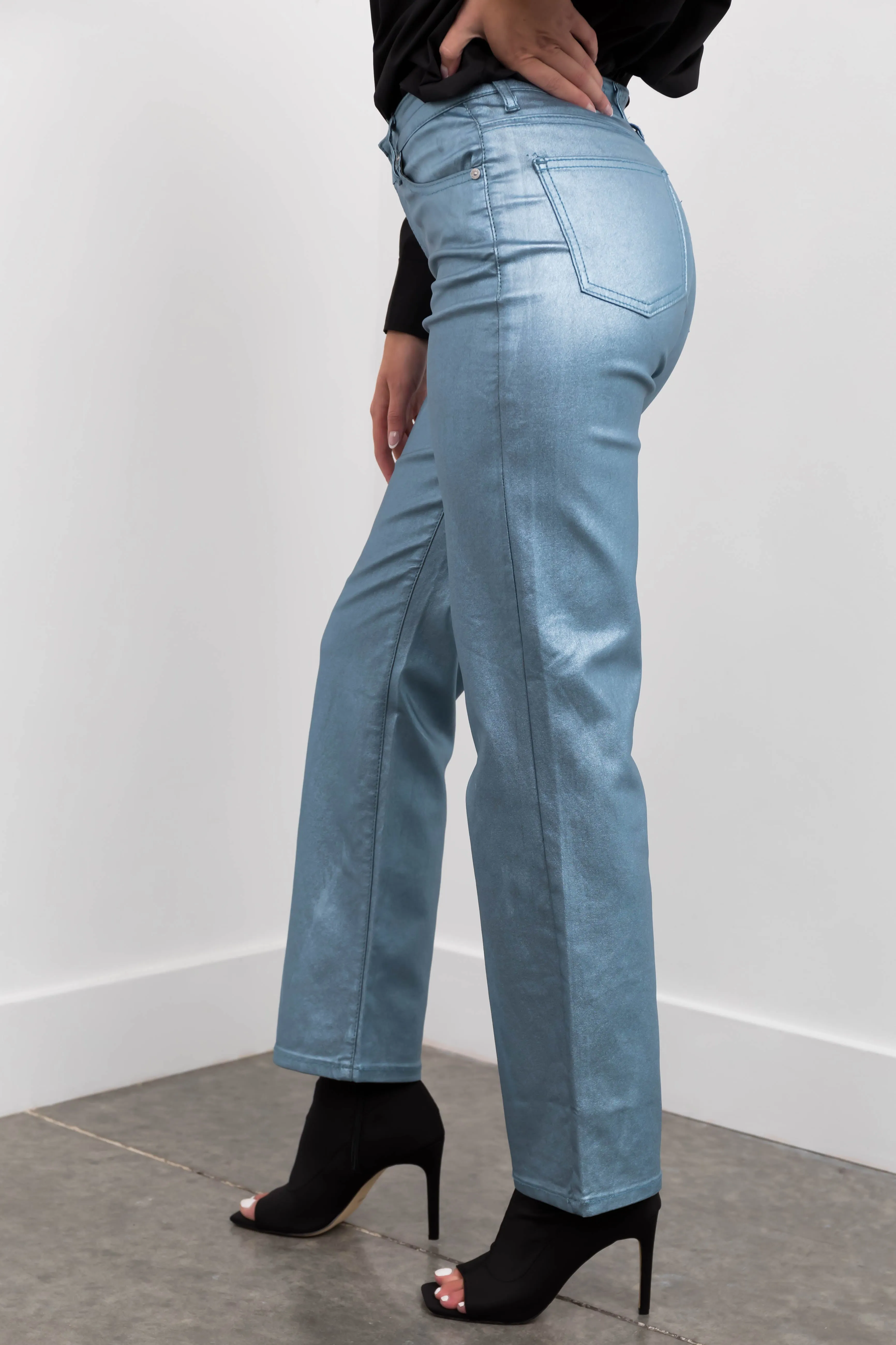 Powder Blue Metallic High Rise Dad Jeans sold by Lime Lush product image thumbnail 4