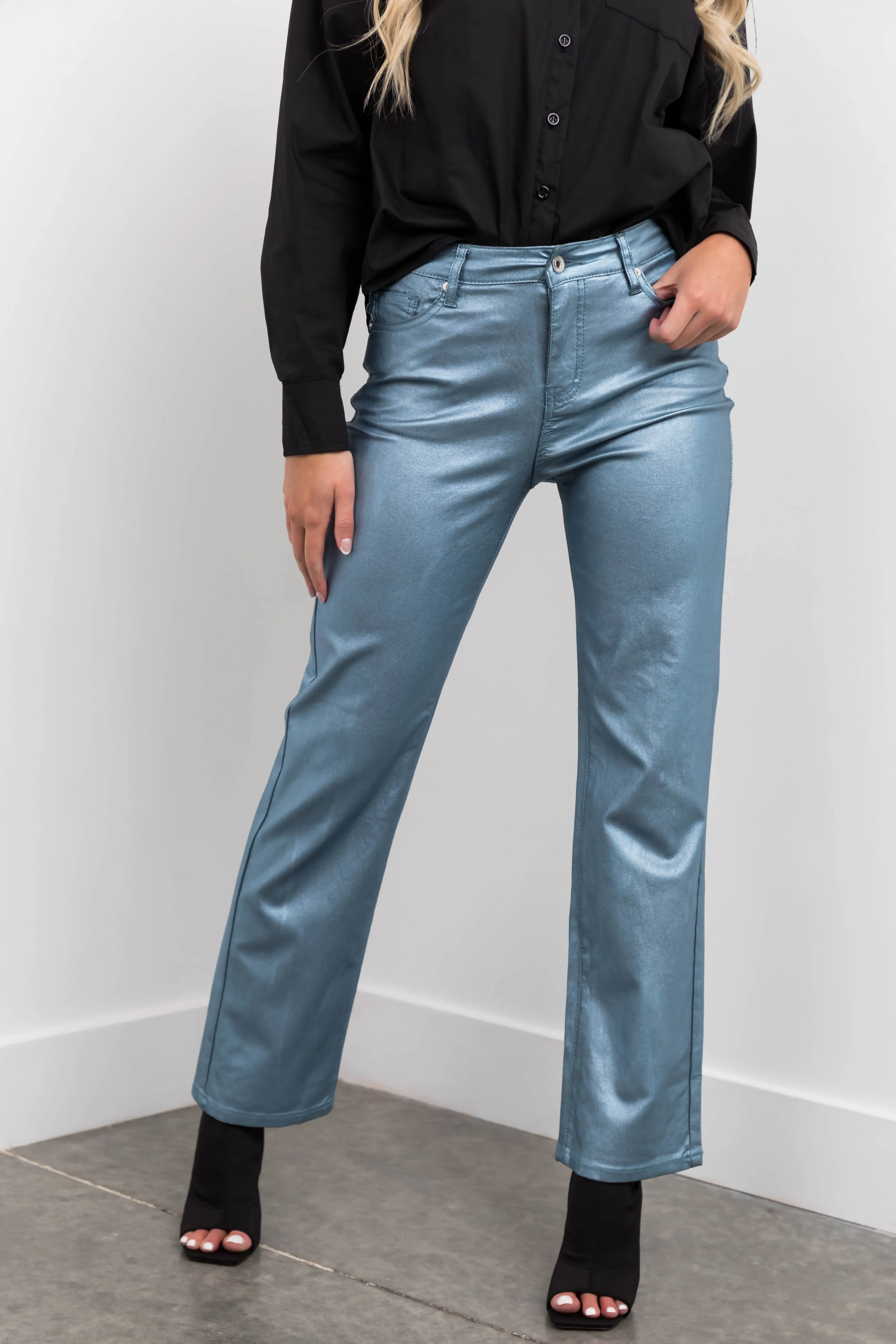 Powder Blue Metallic High Rise Dad Jeans sold by Lime Lush product image thumbnail 2