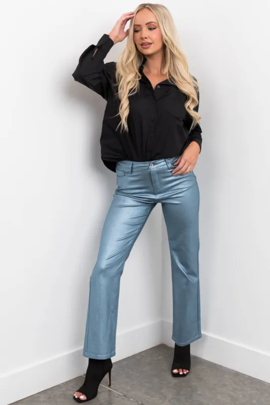 Powder Blue Metallic High Rise Dad Jeans sold by Lime Lush