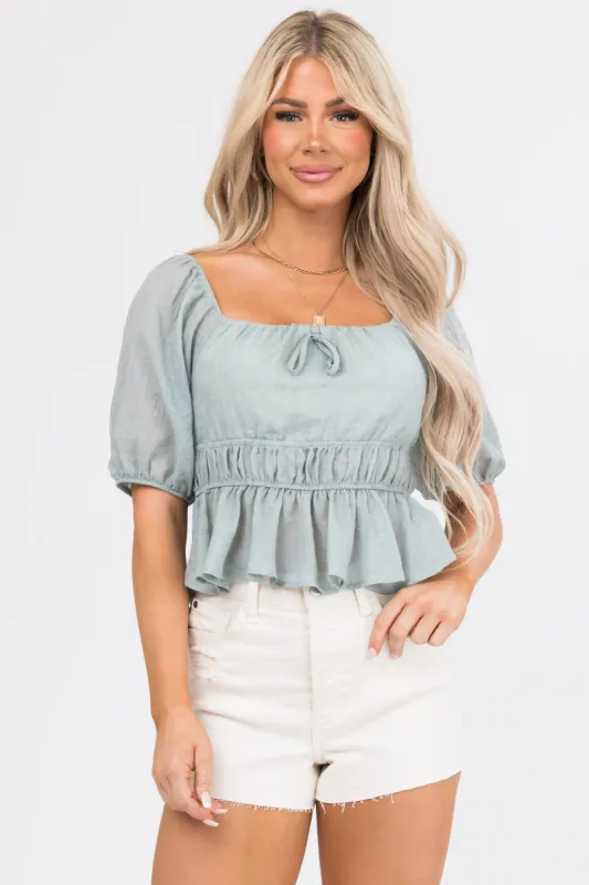 Hazy Mint Square Neck Peplum Blouse sold by Lime Lush
