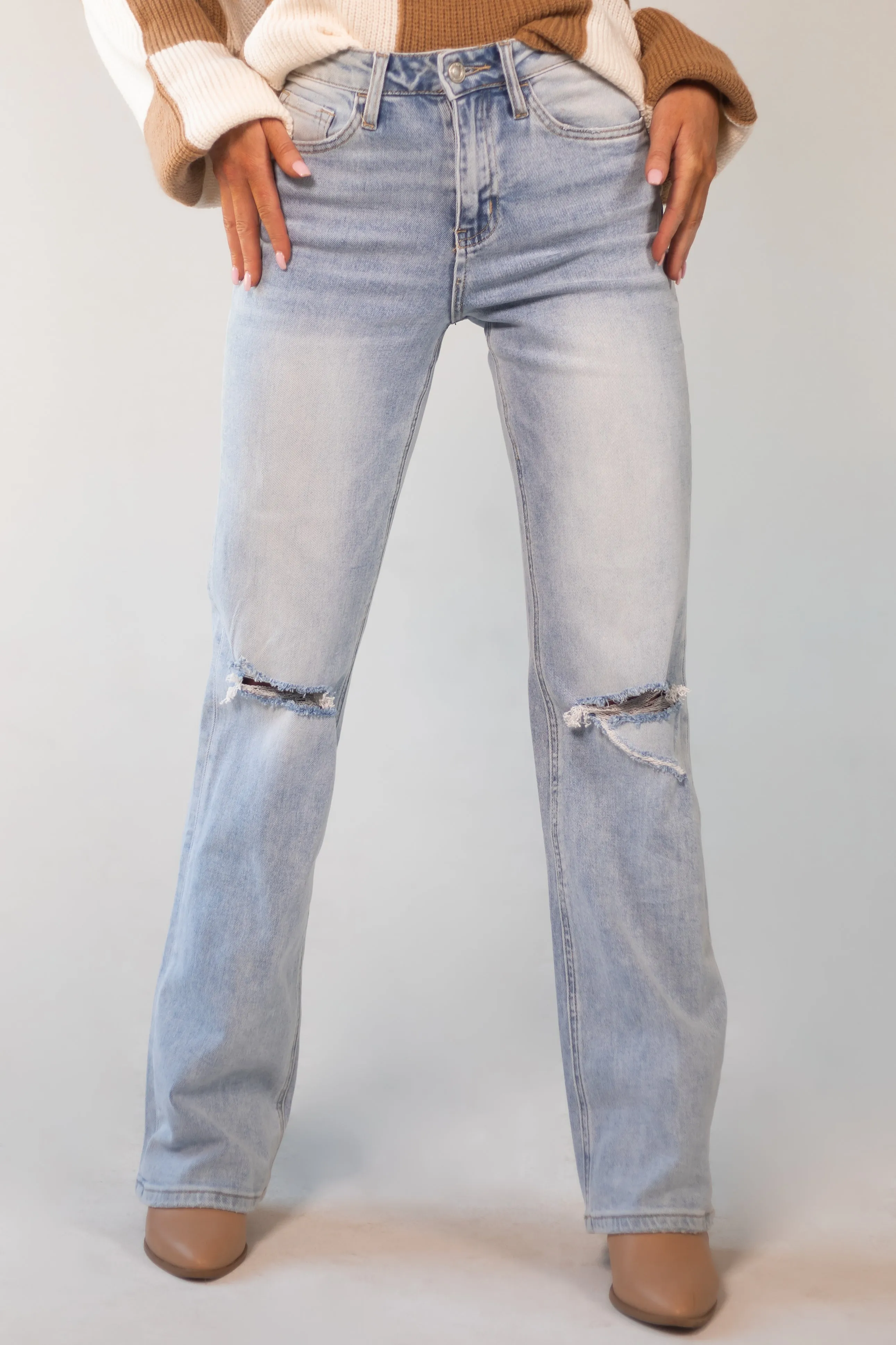 Vervet Light Wash 90s Vintage Flare Distressed Jeans sold by Lime Lush product image thumbnail 2